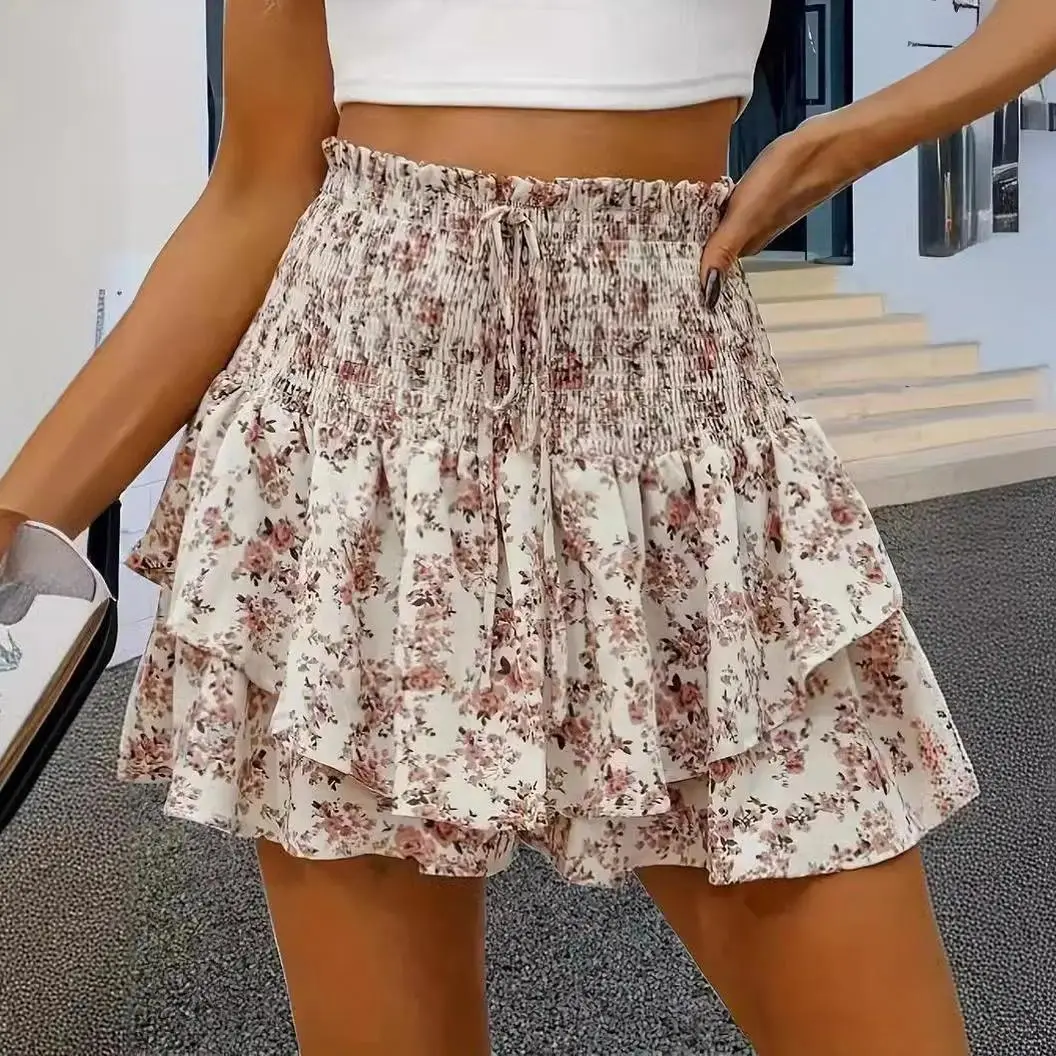 Women's High‑Waisted Pleated Skater Skirt, Casual Ruffled Flared Mini Skirt, Lightweight 100% Polyester Fashion Skirt for Spring, Holiday & Daily Casual Wear