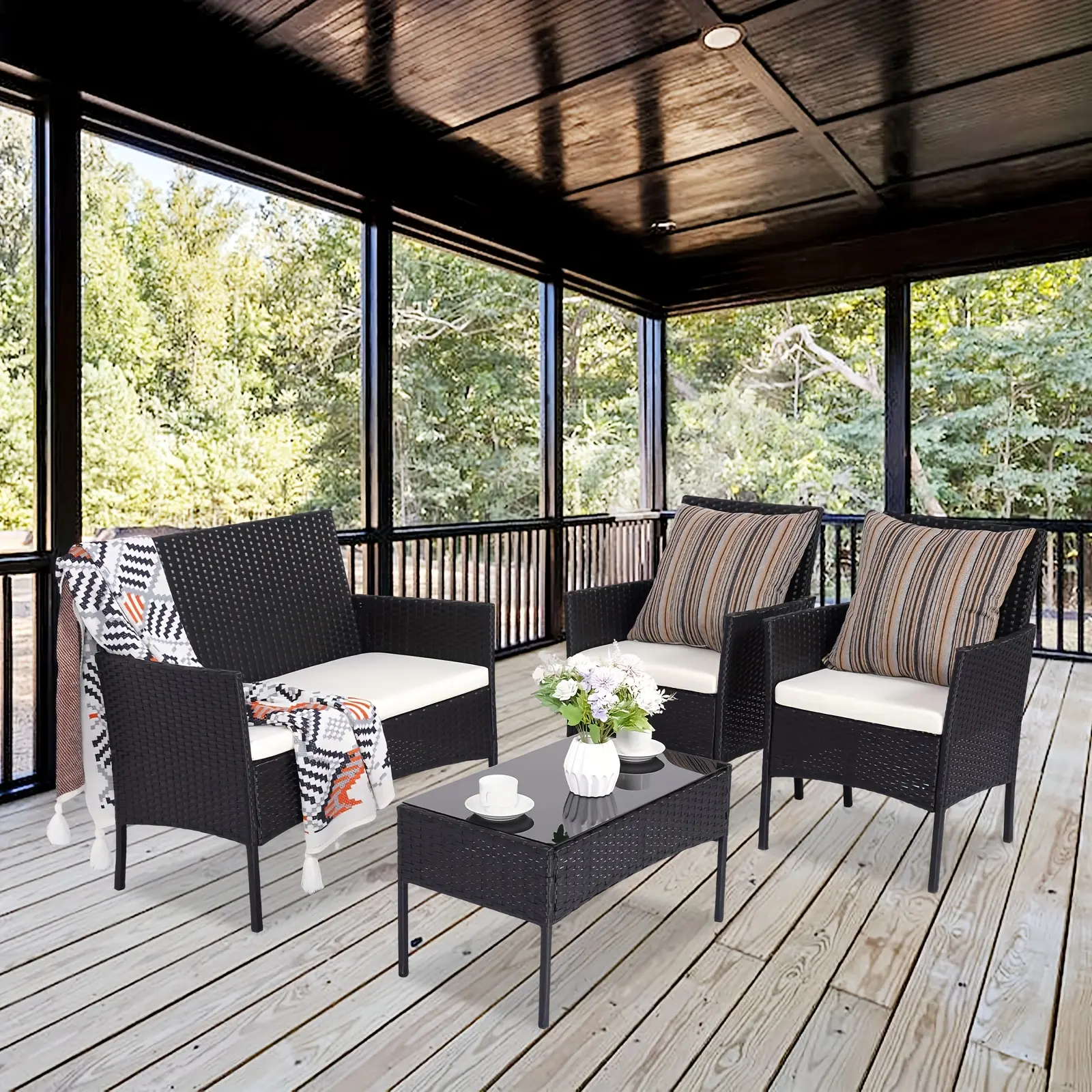 Outdoor Wicker Patio Sofa Set, Combined with A Tempered Glass Coffee Table, Is An All - Weather PE Rattan Furniture Piece That Is Applicable to Courtyards, Patios, Balconies, Backyards, Decks, Bars And Cafes.