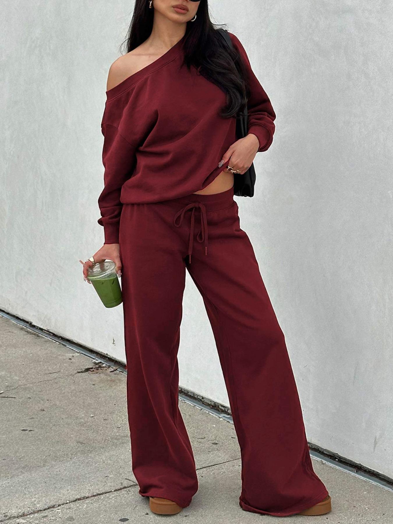 Women‘s Off the Shoulder Long Sleeve Jumper & Pants, 2 Piece Set Casual Fall Sweatsuit Outfits, Jumper Suit, Womenswear