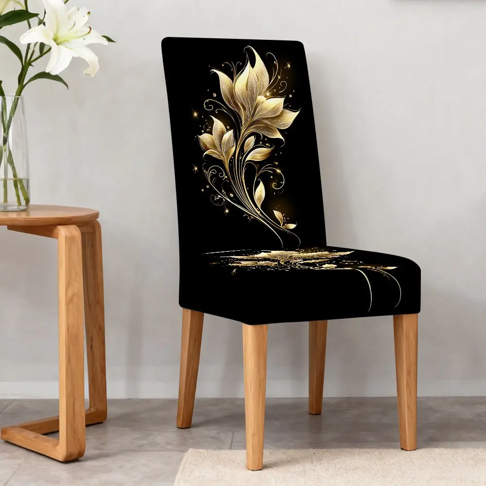 4/5/6/7-Piece Golden Floral Swirls Dining Chair Slipcover and Tablecloth Set, Easy to Install and Wash, Removable Washable Slipcovers for Living Room, Home and Restaurant Decor, Party Must-Have #GLOBAL PICKS