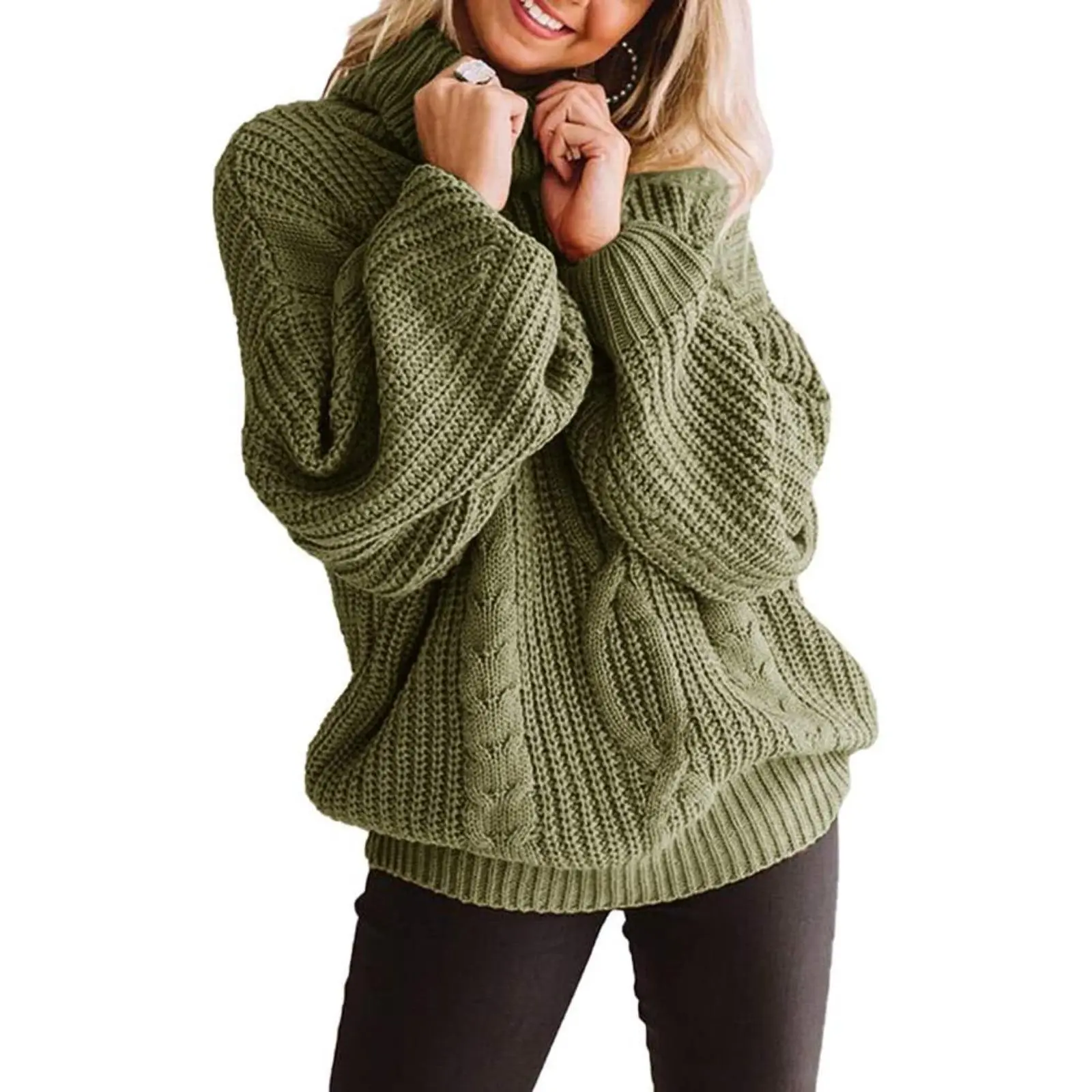 Women's Oversized Chunky Turtleneck Pullover, Plus Size Long-Sleeve Cable Knit Casual Loose Knitwear Tops, Longsleeves