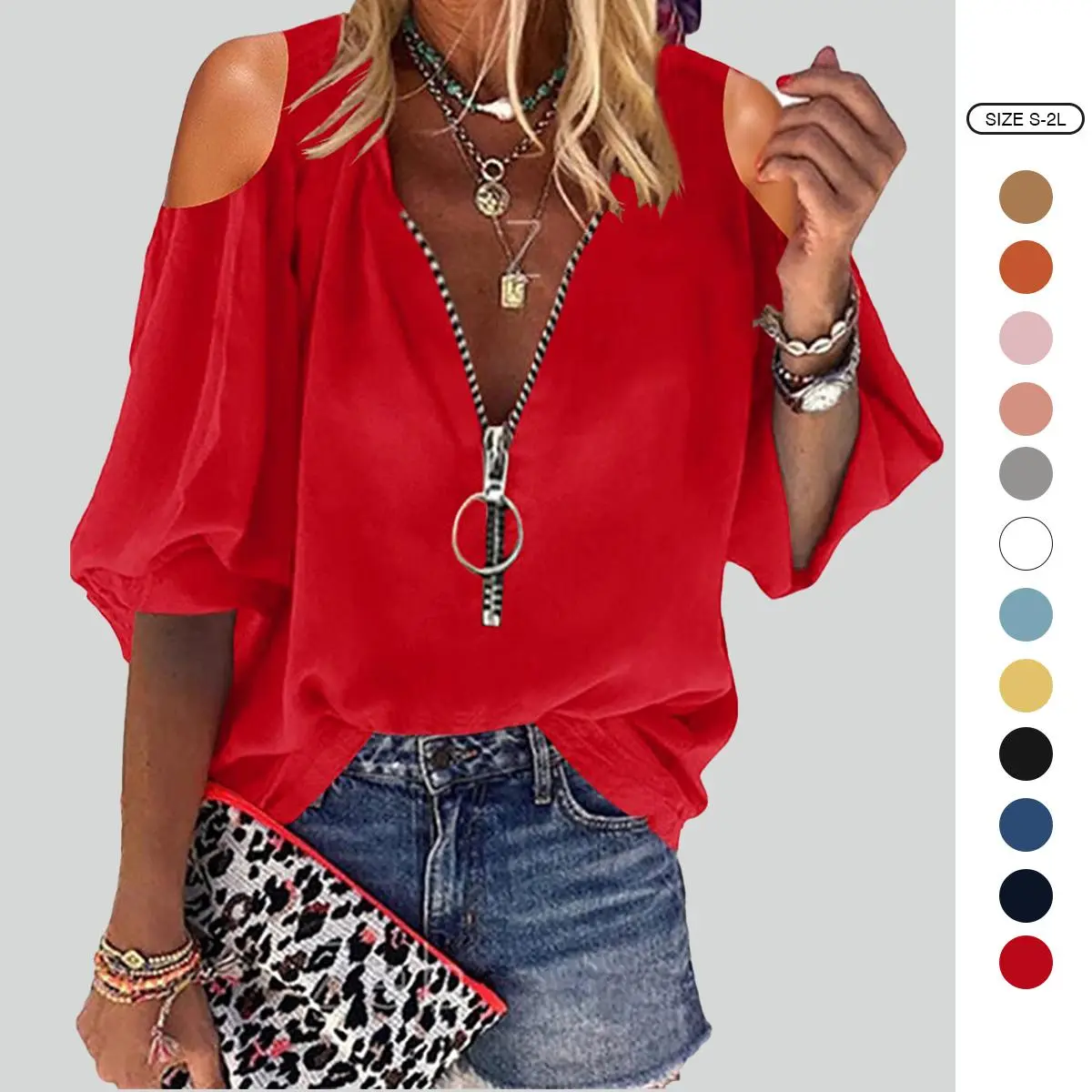 Imily Bela Womens V-Neck Lantern Sleeve Blouse Zipper Design Loose Casual Top Shirts