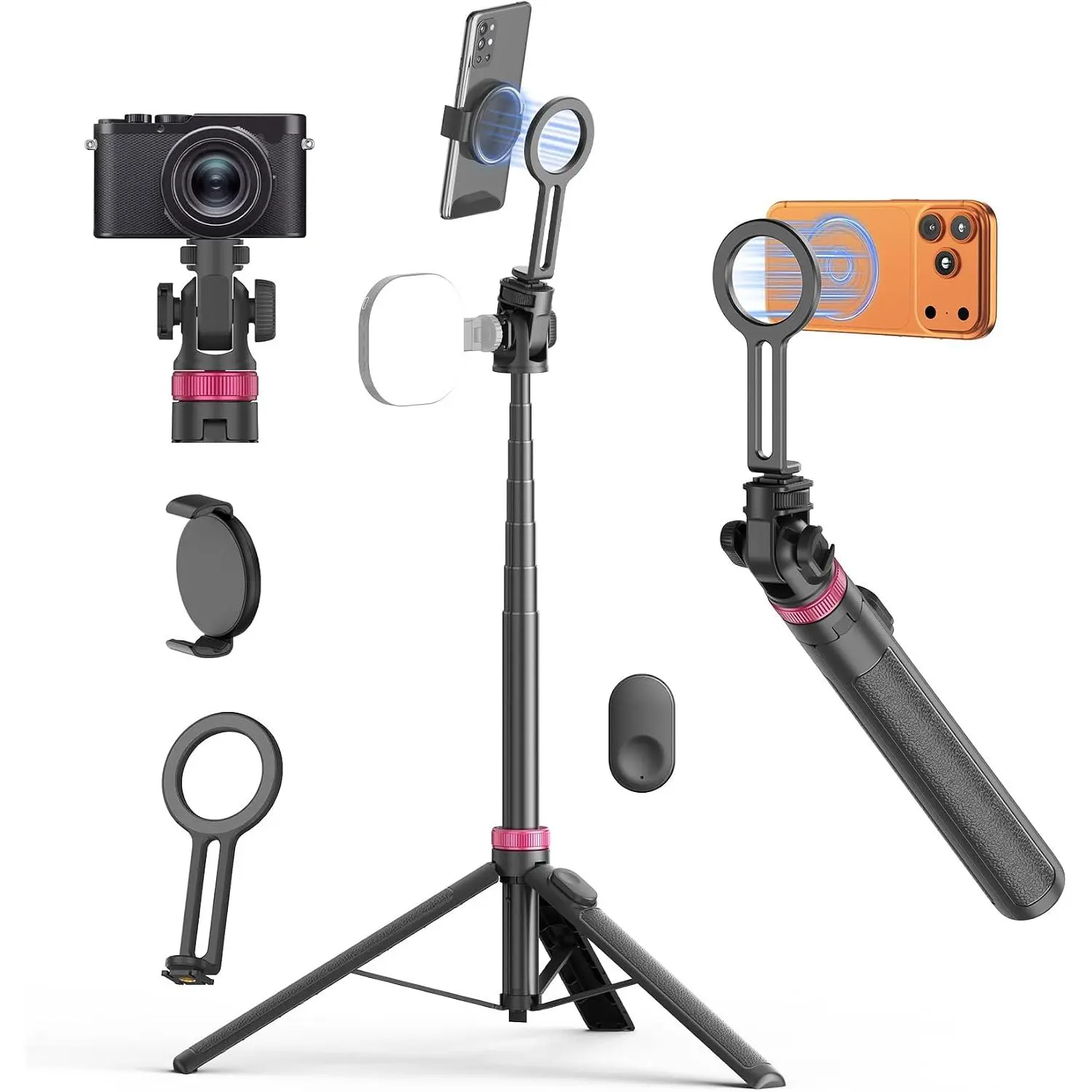 69"  Phone Tripod Stand Selfie Stick with Remote & Phone Mount | Portable Stand holder Rechargeable with Tripod ,360°Rotatable Travel Tripod Compatible for /Android/Magsafe