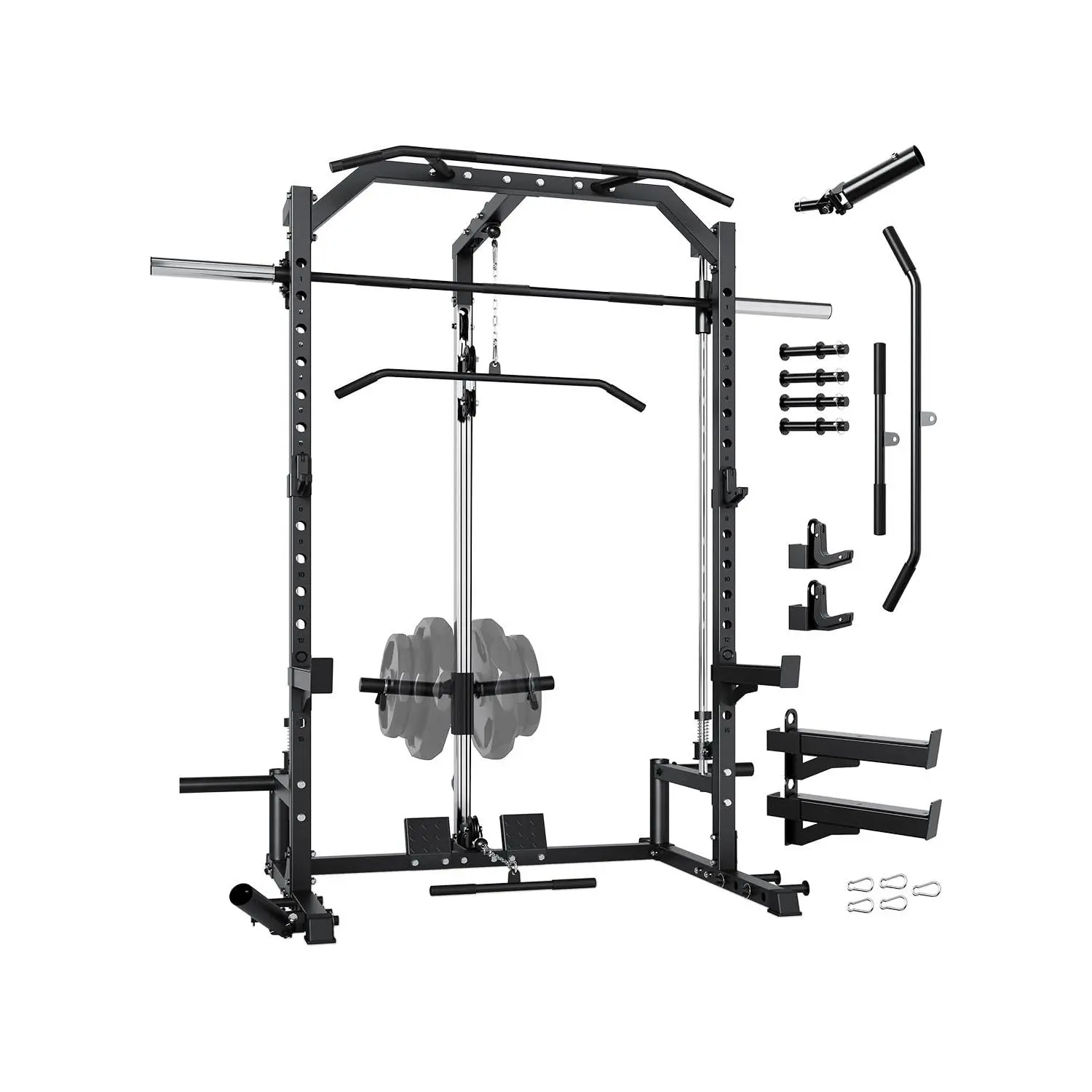 Heavy Duty Smith Machine Power Cage - Integrated Cable Pulley & Lat Pulldown System - Barbell, Safety Spotter Arms, J Hooks, Landmine - Full Body Home Gym Strength Training Equipment(2 Boxes)