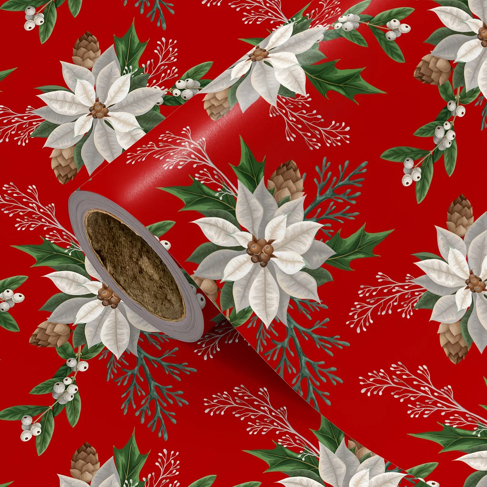 Christmas Wrapping Paper Roll, Base Christmas Plants Pattern, Ideal for Gift Wrapping, Holiday Decor, Party Atmosphere, 43cm X 500cm