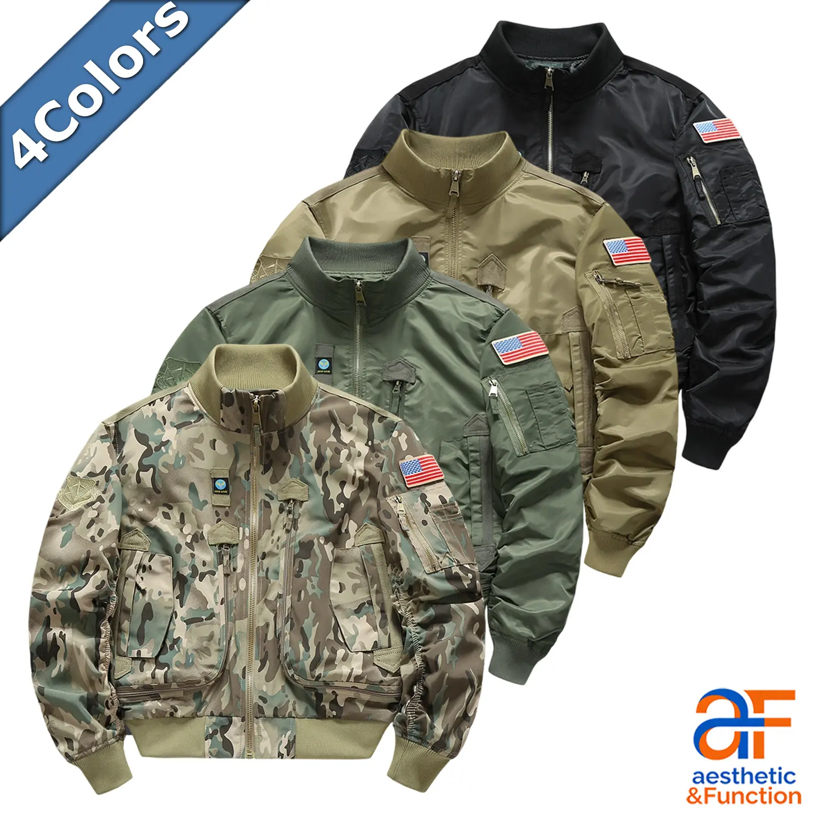 Men's Stylish Tactical Bomber Jacket - Military MA-1 Flight Coat with US Flag Patch, Arm Pocket, Utility Windbreaker Tops for Menswear Fashion (Camo, Army Green, Khaki, Black - 4 Colors), Camouflage, Camo Print, Long Sleeve, Clothes