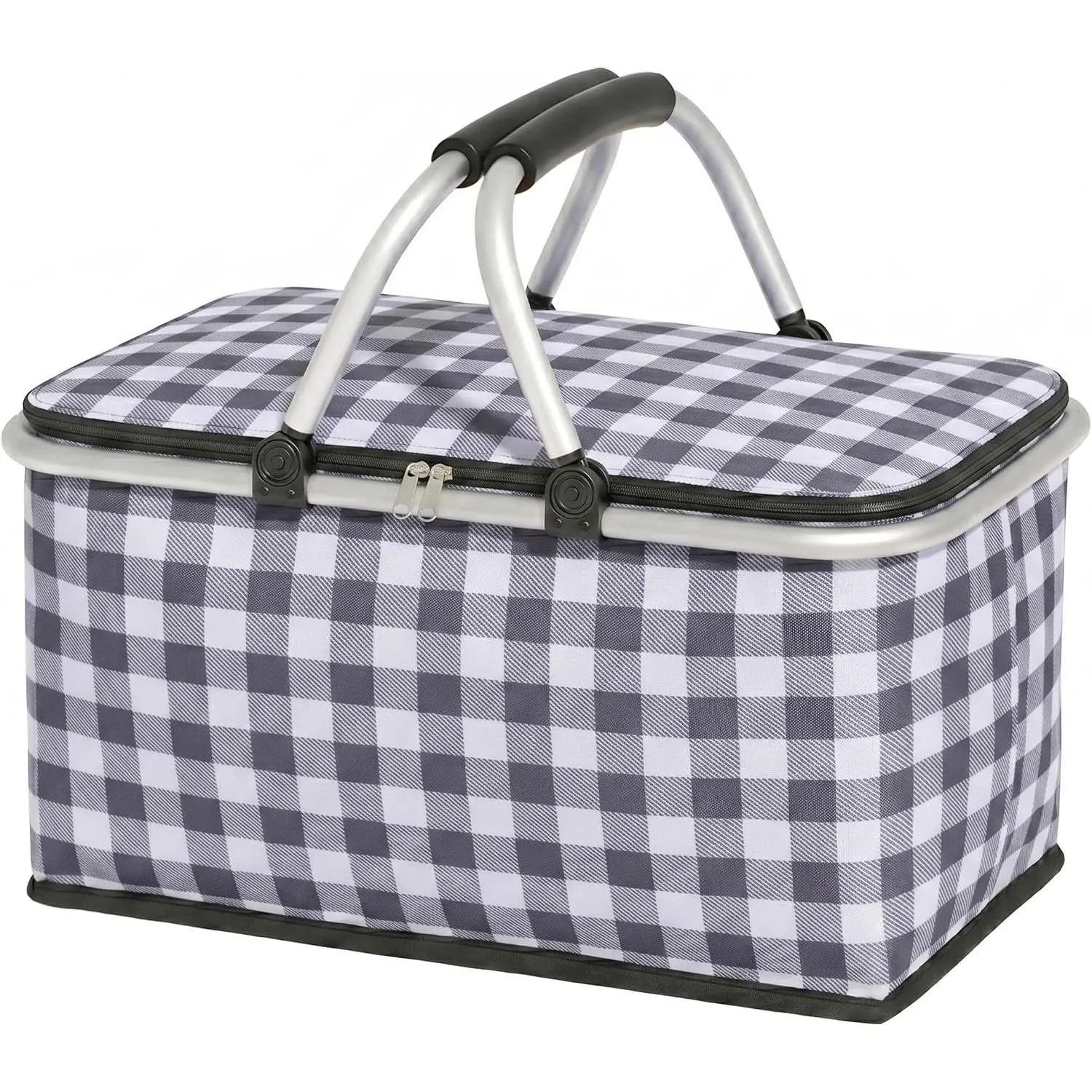Insulated Picnic Basket, Collapsible Picnic Basket, 30L Large Market Basket with Lid, 2 Sturdy Handles, Storage Basket for Picnic, Food Delivery, Take Outs, Market Shopping, Travel (Black Grid)