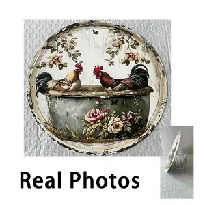 Vintage Chicken Theme Round Sign, Rustic Aluminum Metal Wall Decor, Home, Coffee Shop, Apartment Bathroom Decoration, Wall Decor Plaque