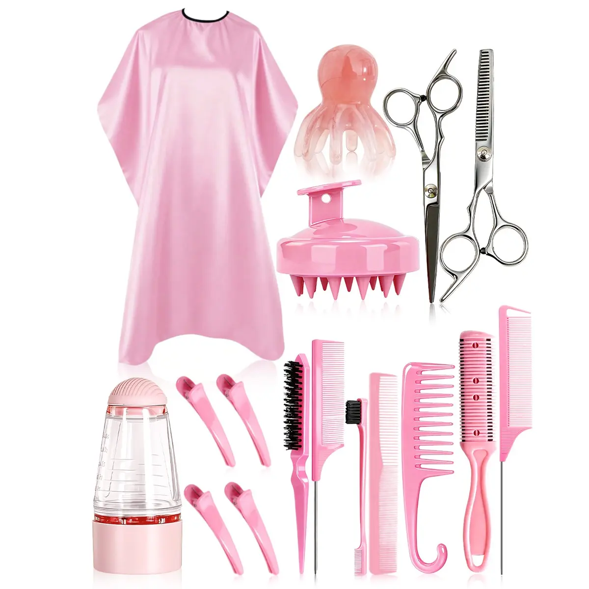 17-Piece Haircut Scalp Care Tool Set, Includes Haircut Scissors, Apron, Scalp Massager, Parting Comb, Hair Clips, Trimmer, Medicine Bottle, Hairdressing Tool Set, Salon Supplies, Barber Accessories, Salon Equipment