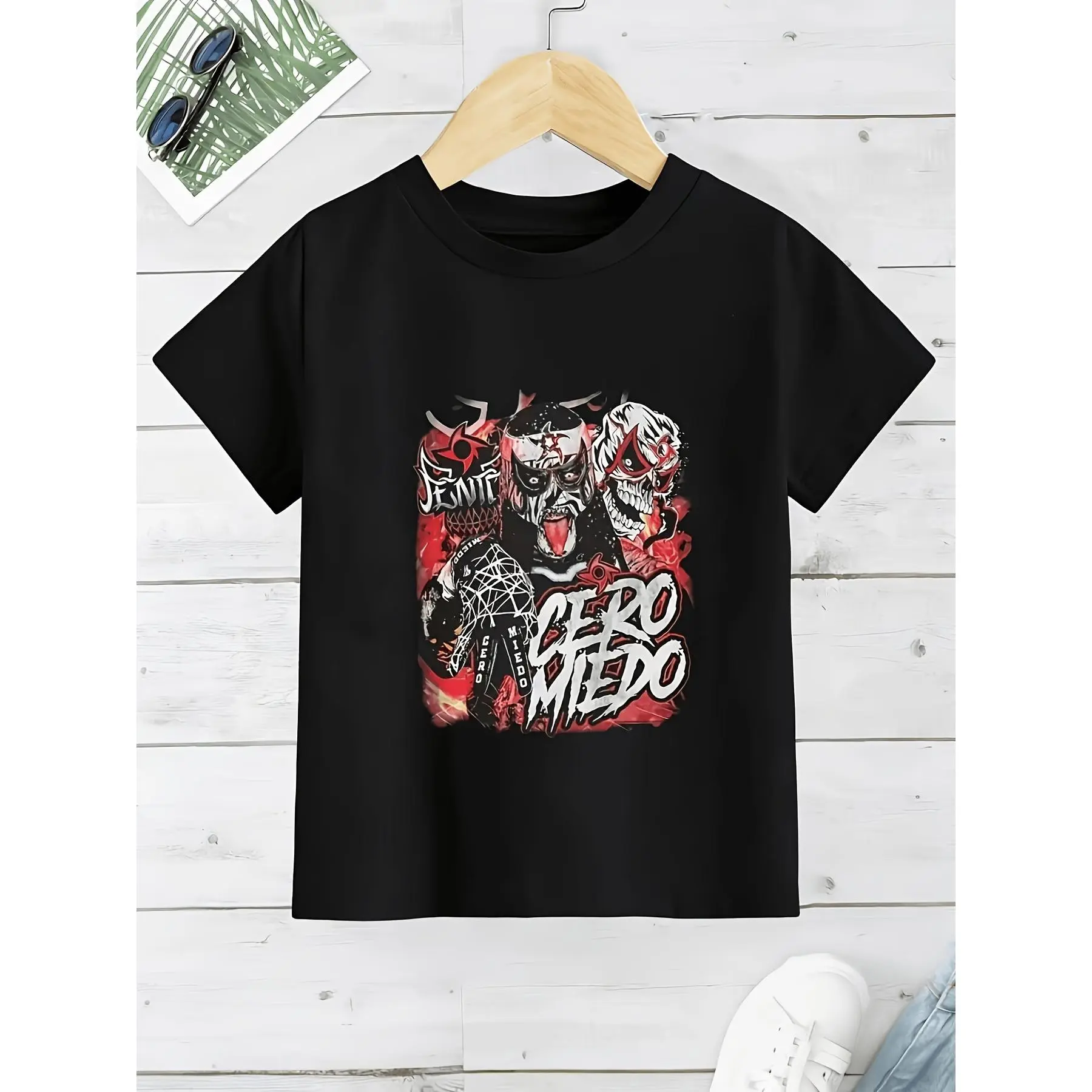 Boys' CERO MIEDO Pattern Cotton Crew Neck Knit Pullover T-Shirt - Short Sleeve, Casual Wear, Loose Fit, Stretch Fabric, 3-4y/4-5y/7-8y/10-11y/11-12y, Fierce Character With White Face Paint-Black Helmet, Skull-Flame Design, Bold Red-White Graffiti Font, Pu