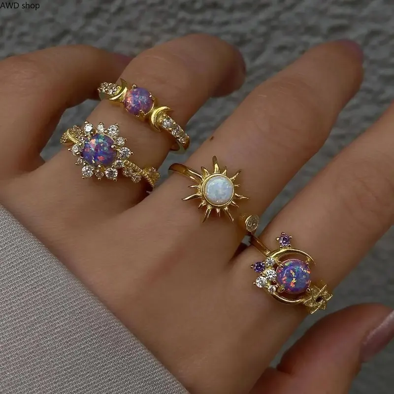 Women Sun‑Moon Stackable Ring Set, Celestial Aesthetic Band Cubic‑Zirconia Stacking Jewelry, Minimalist Celestial‑Aesthetic Sun‑Moon Stackable Ring Set, Sparkling Cubic‑Zirconia Crystal‑Accent Lightweight Geometric Bands, For Daily Wear, Birthday Gifting