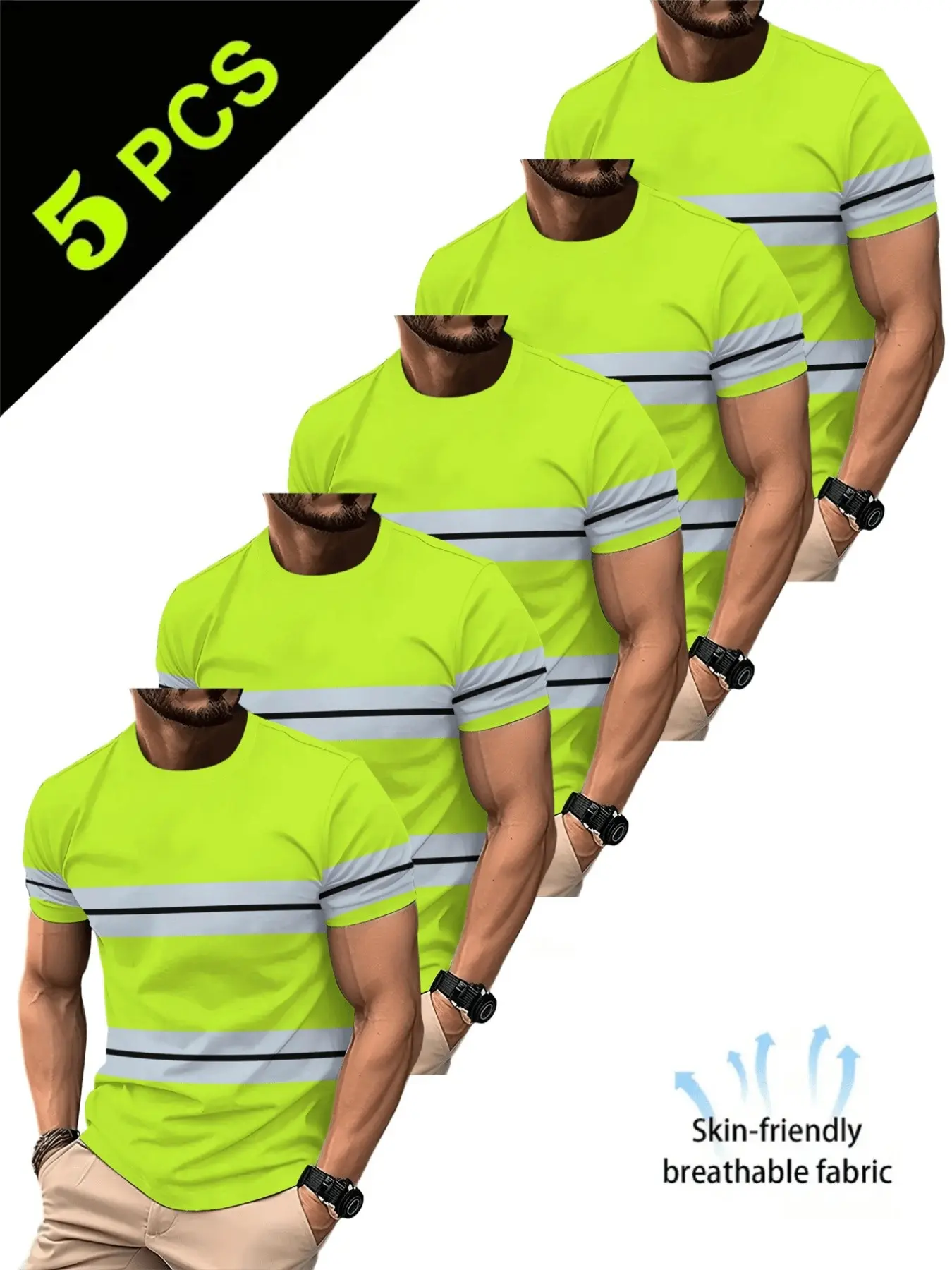 Five-Pack Fluorescent Men's Workwear Athletic Short Sleeve T-Shirt, Round Neck, Breathable, Fitted, Casual Style, Multi-Scene Use