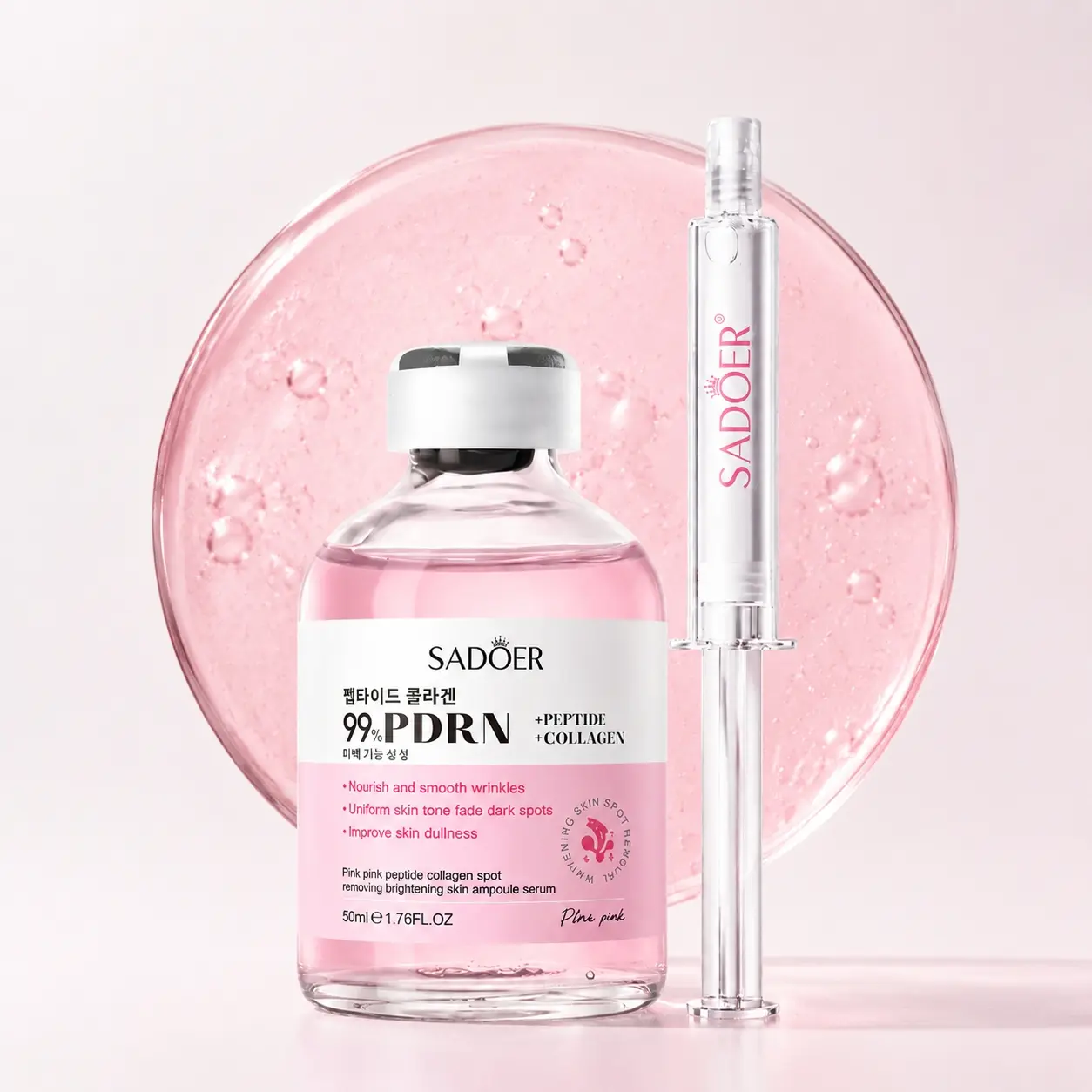 SADOER Pink PDRN Salmon Collagen Essence Ampoule, containing peptides and niacinamide, for brightening, moisturizing, smoothing, reducing fine lines, and firming. Korean skincare ampoule essence, 1.76 fl. oz. Brightening Facial Serum