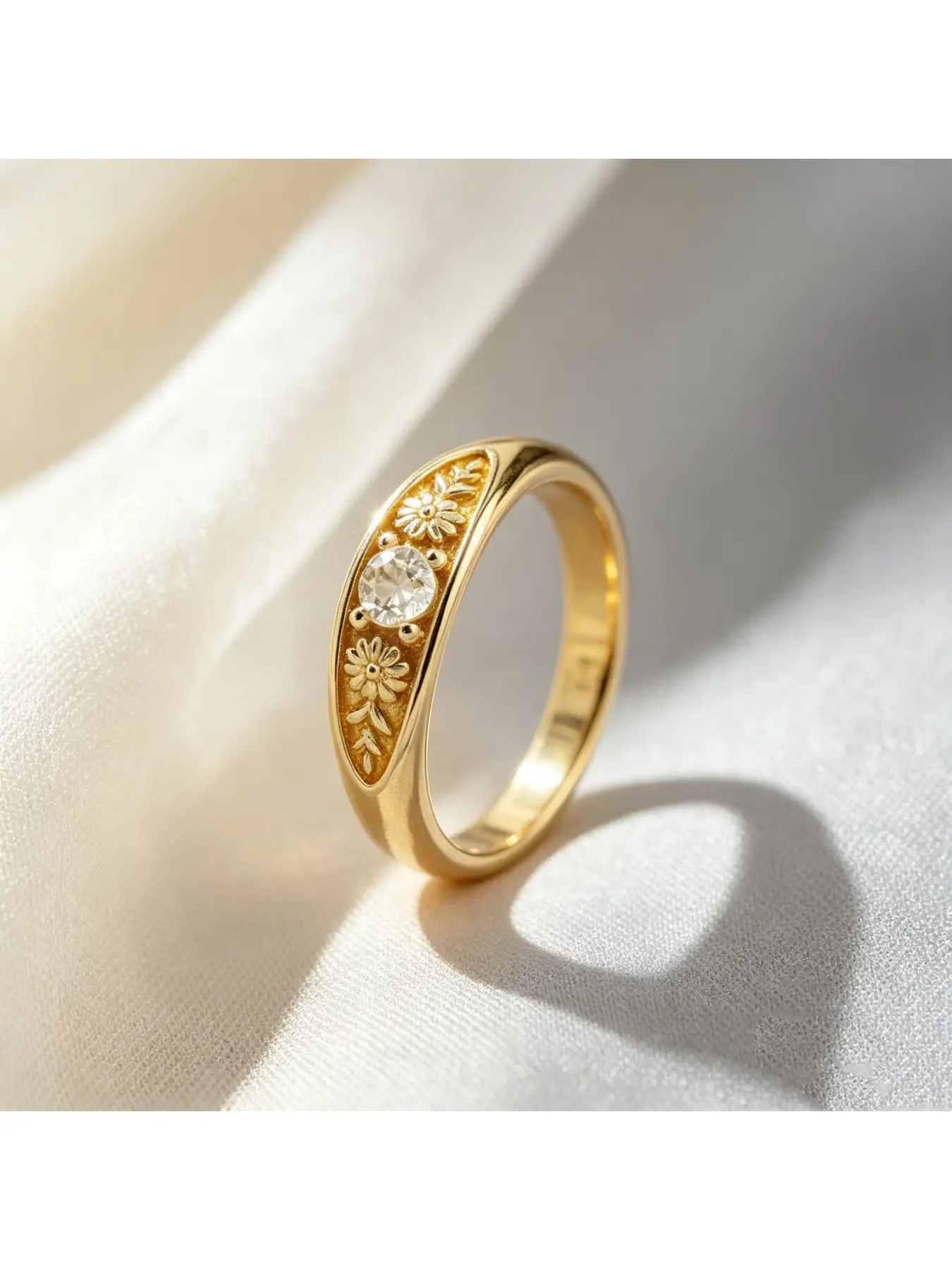 Vintage Floral Engraved Single Diamond Oval Slot Thin Gold Wedding Band, Pastoral Fresh Eternity Band, Delicate Niche Birthday Gift for Soft Girls, Stackable Versatile Women Jewelry, Suitable for Easter Trips and Valentine Anniversary Dating Occasions