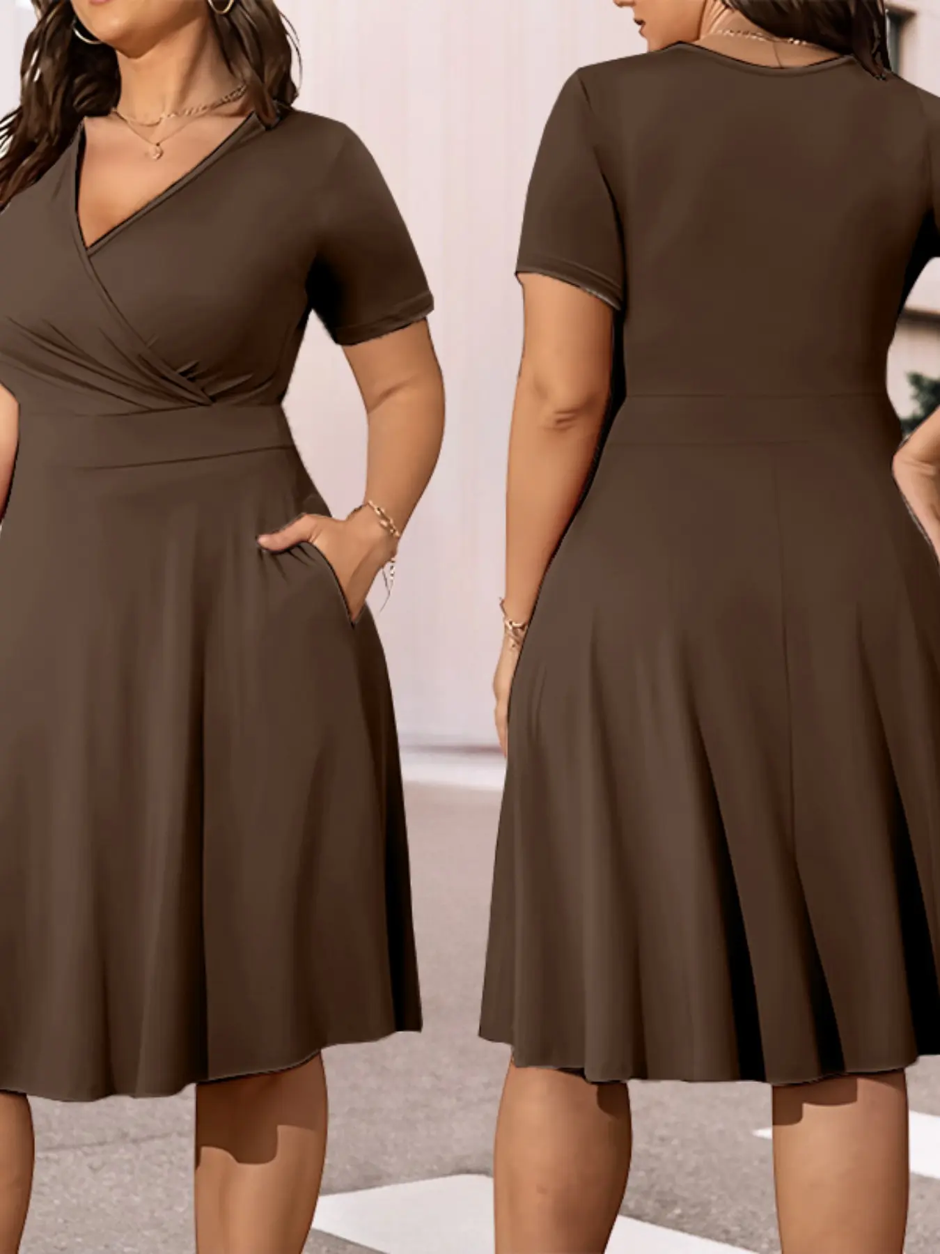 New Summer Spring Women's V Neck Solid Color Dress, Side Pockets a Line Skirt Hem, Elegant Fashion Versatile Knee-Length Dress