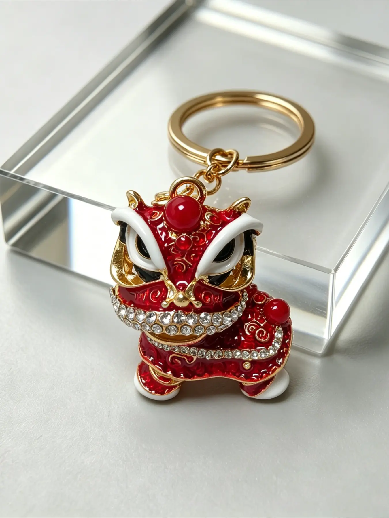 Red Chinese Lion Dance Keychain Bling Lucky Lion Bag Charm Pendant Key Ring,Good Fortune Gift Backpack Decor