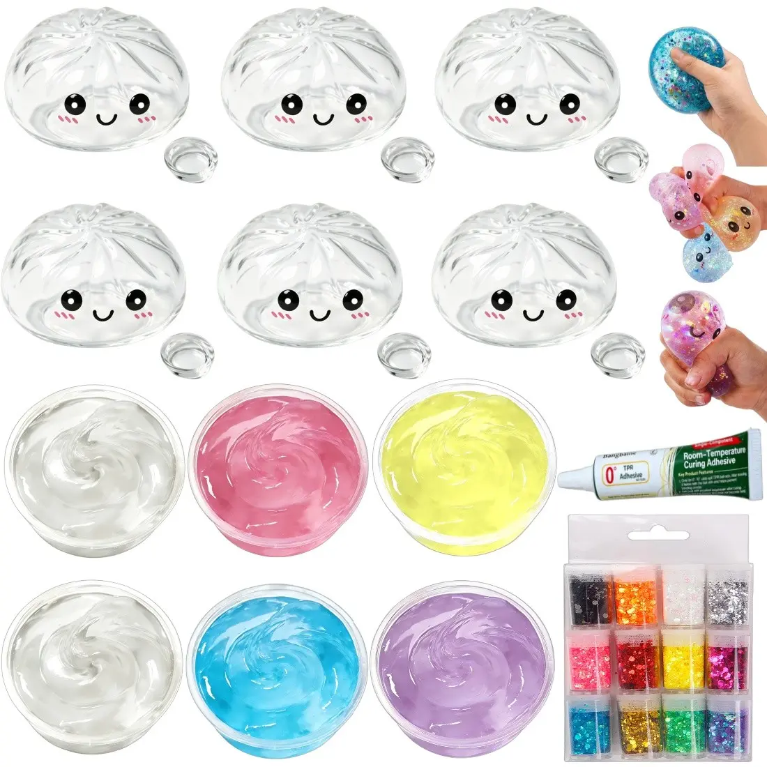 Emoji Stress Ball Kit, Squishy Fidgets, Includes Slime, 12 Color Glitter, 6 Blank Skins, DIY Pressure Ball Set for Adults, Relaxing Soft Ball Maker