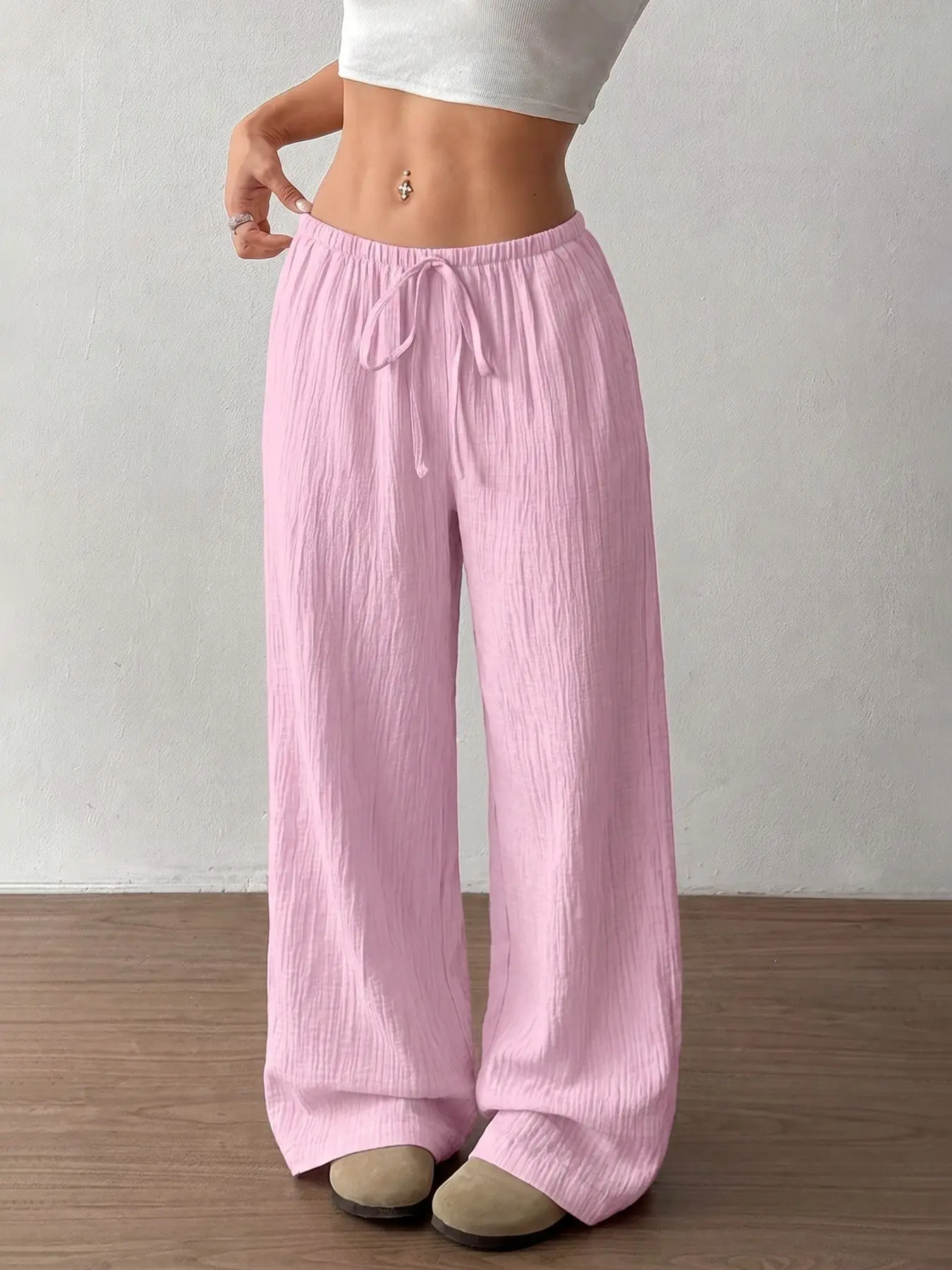 Women's Vintage Long Pants, Casual Pants, Retro Textured Crinkle Wide Leg Drawstring Trousers, Cozy Loose Sweatpants, Loungewear, Casual Wear Bottoms for Summer Beach Vacation and Weekend Hangouts