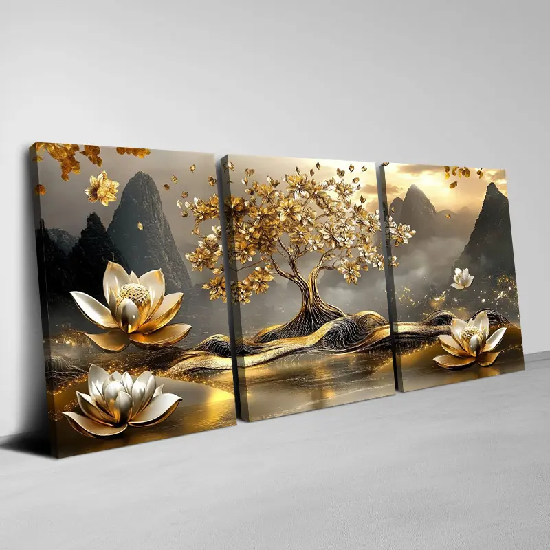 3-Piece Framed Golden Tree Silent Lotus Artistic Canvas Wall Art - 2D Flat Decorative Hanging Print, Luxurious Home Decor for Living Room, Bedroom, Clearance Sale