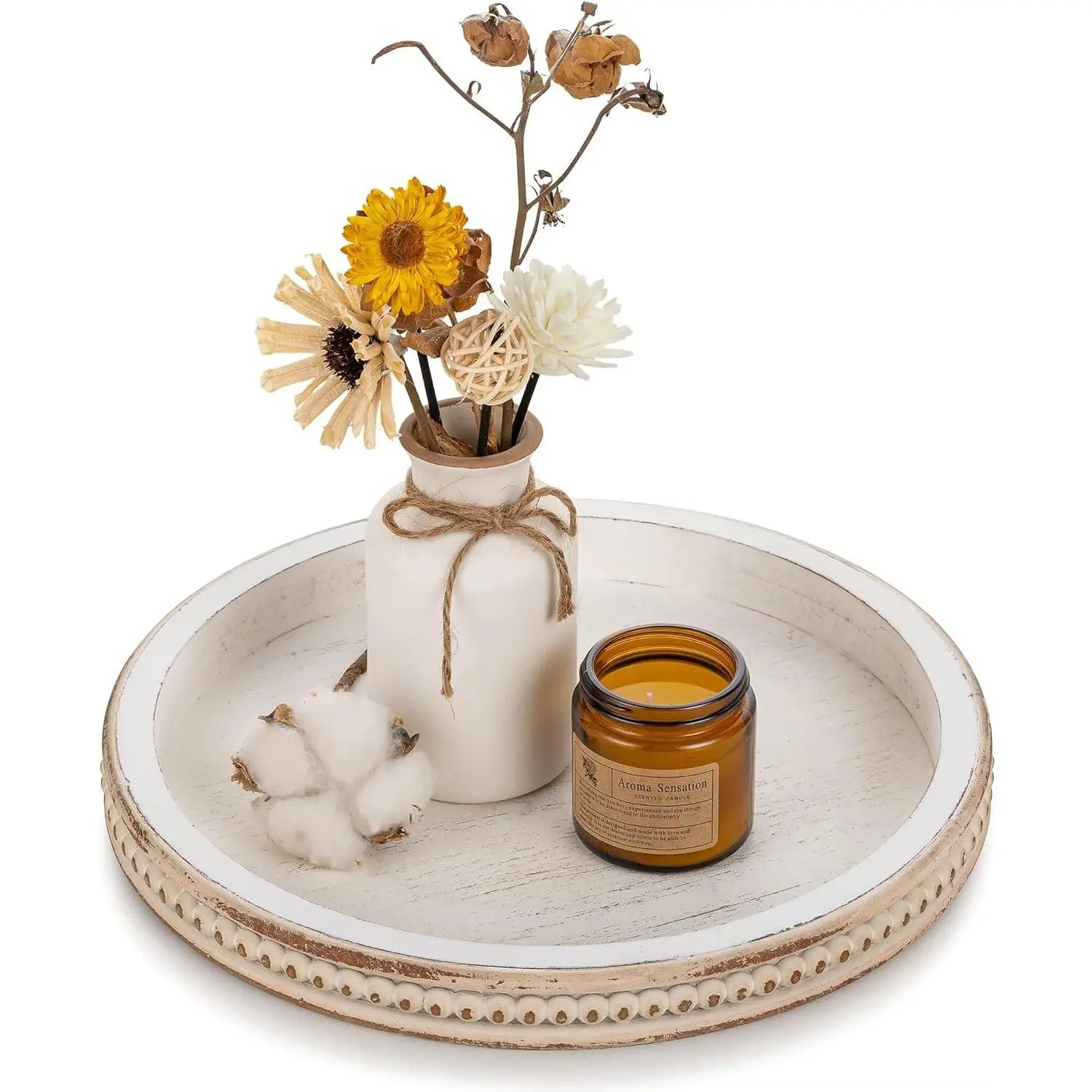 10.5-Inch Round Whitewashed Wooden Decorative Tray, Plastic-Free Centerpiece Decoration Gift for Rustic Farmhouse Coffee Table, Living Room Home Decor