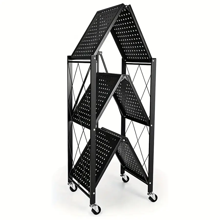 3-Layer Foldable Storage Rack with Wheels |   High Load-bearing Capacity, Suitable for Garage and Kitchen Use, Black Iron Shelving Unit, Practical and Multipurpose, Utility Racks