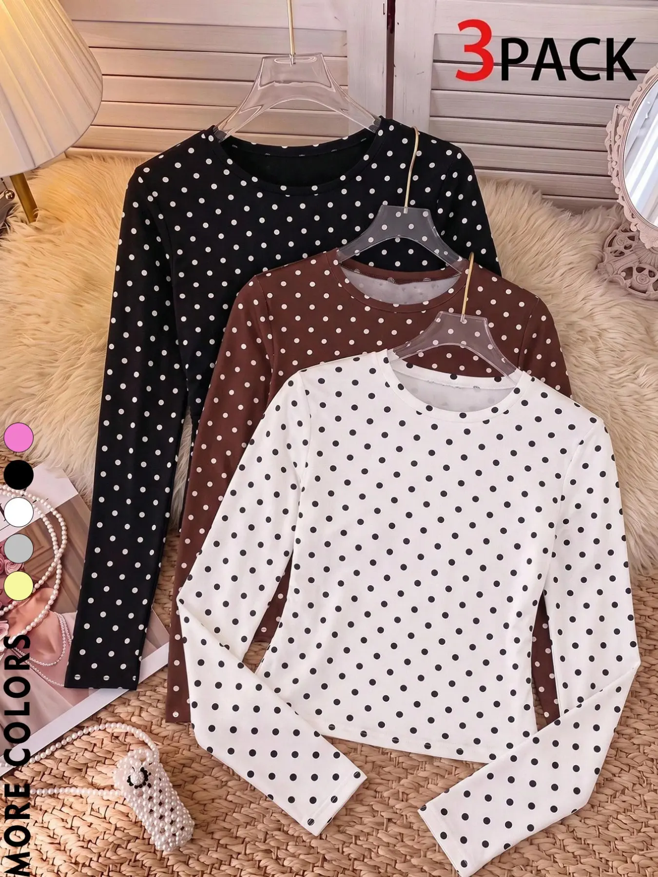 Women 3 Pack Polka Dot Long Sleeve Shirts Crew Neck Slim Fit Stretchy Basic Tees Vintage Y2K Layering Undershirts Soft Breathable Casual Daily Office Going‑Out Pullover Tops Fall Winter Fashion Multi‑Color Outfits for Ladies