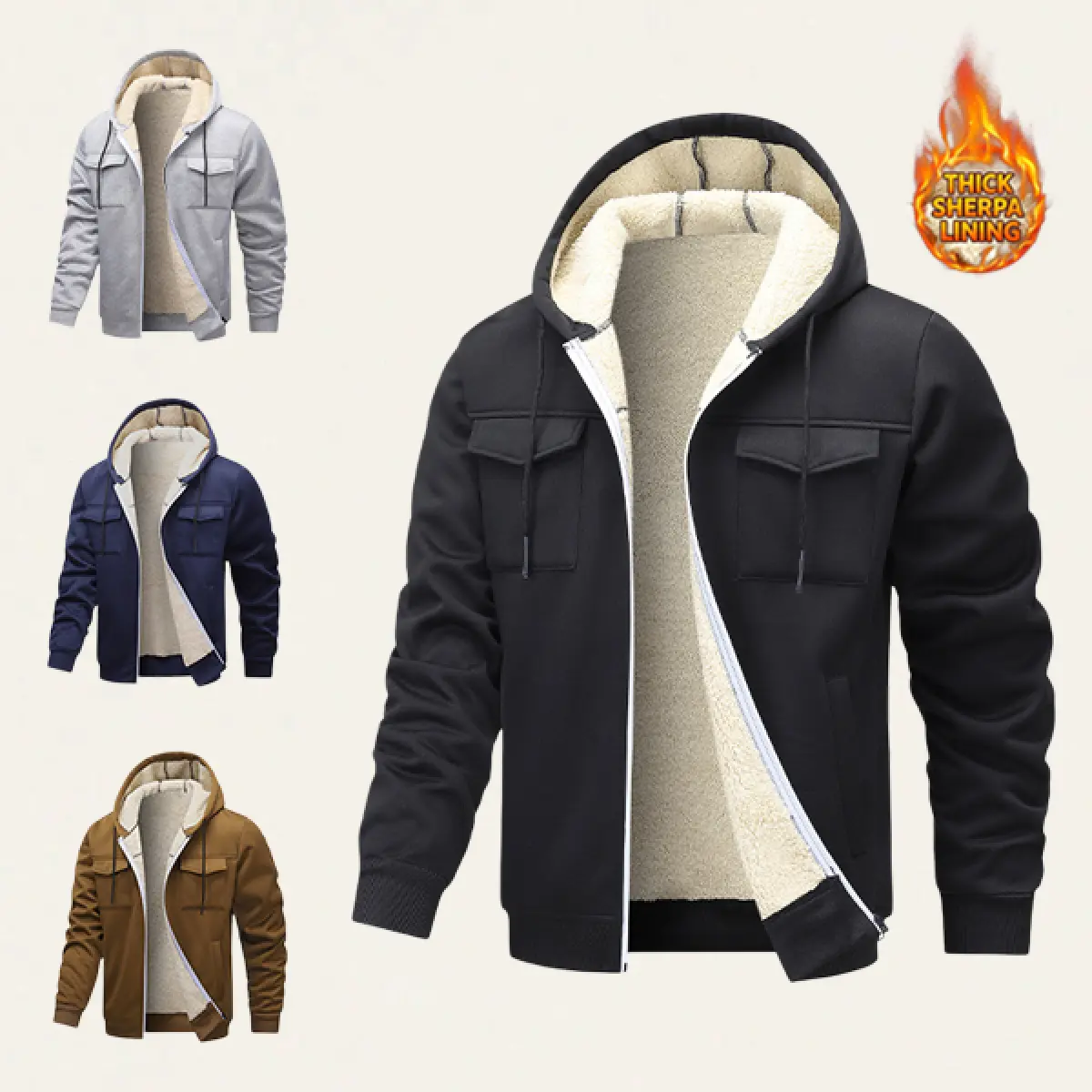 Men'S Casual Long Sleeve Fleece-Lined Hoodie - Oversized Zip-Up Streetwear Clothing 2026 Autumn Winter New Sherpa Jacket Sweatshirt Top  Zip Up Hoodies Coat fashionable style spring outerwear