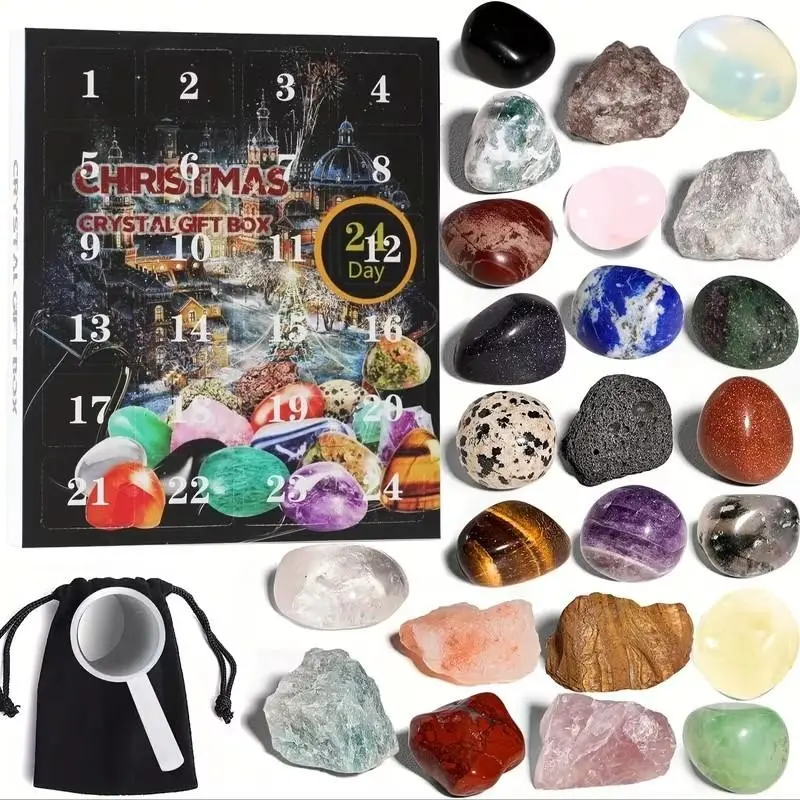 24-Piece Advent Calendar, Includes Natural Crystal Gems, Minerals, Fossils, Perfect for Christmas Countdown, Ideal Gift for Holidays