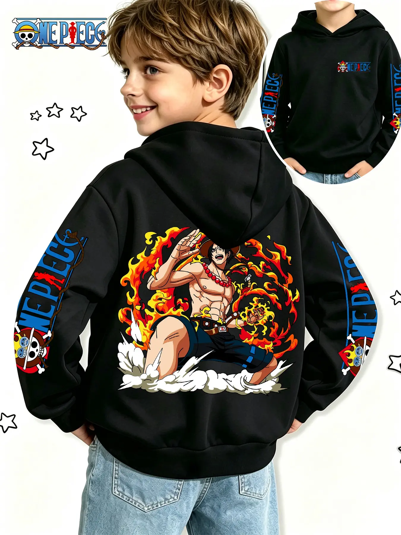 One Piece Official Boys' Anime Sweatshirt, Ace Flame Pose Print, Spring Fall Casual Hoodie, Perfect for Gifts and Daily Wear