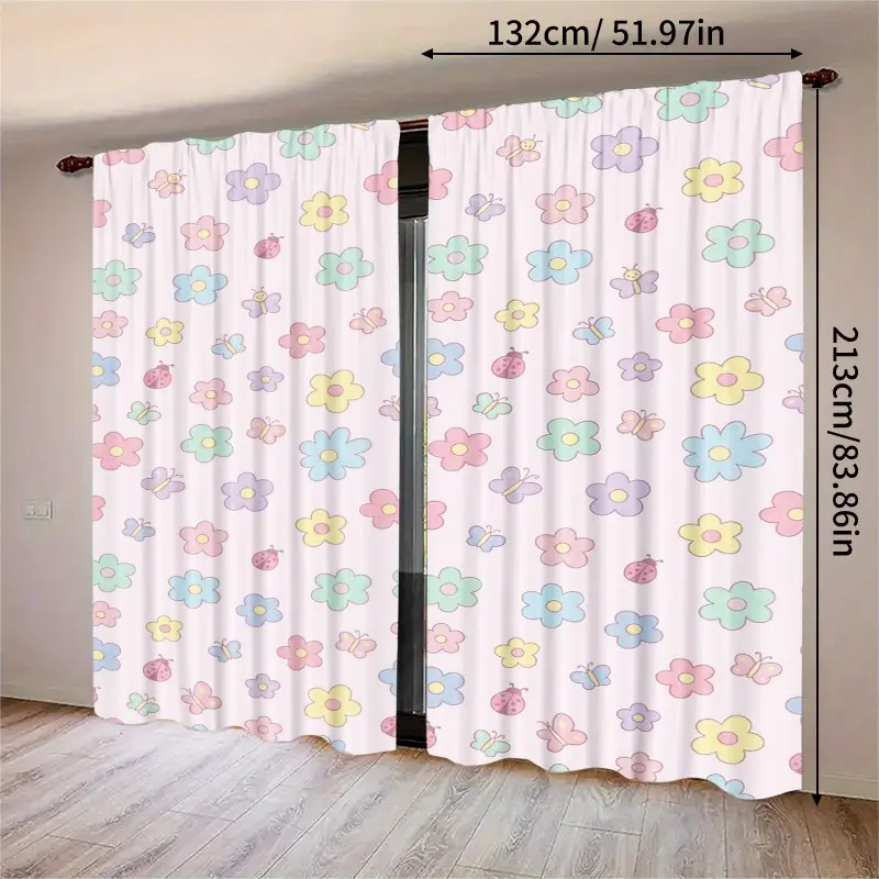 Pastel Pink Floral Butterfly Ladybug Kids Curtains 2 Panels, Soft Color Flower Print Window Drapes, Curtain for Windows, Thermal Privacy Window Treatments for Girls Bedroom Nursery Playroom Home Decor