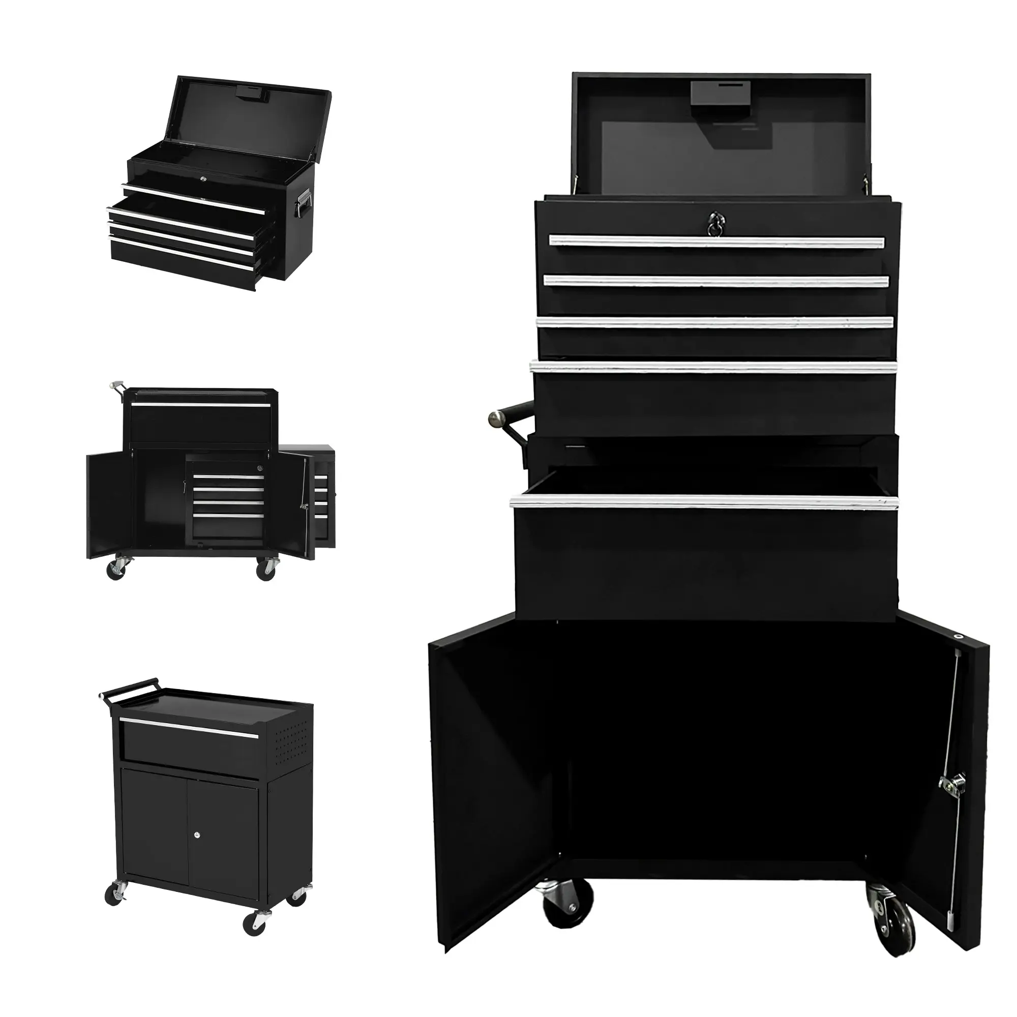 5 Sliding Drawer Heavy Duty Metal Rolling Tool Storage Cabinet, 2-in-1 Detachable Top Tool Box with Lockable Wheels, Lockable Tool Chest Organizer for Garage Workshop Household Storage, Black