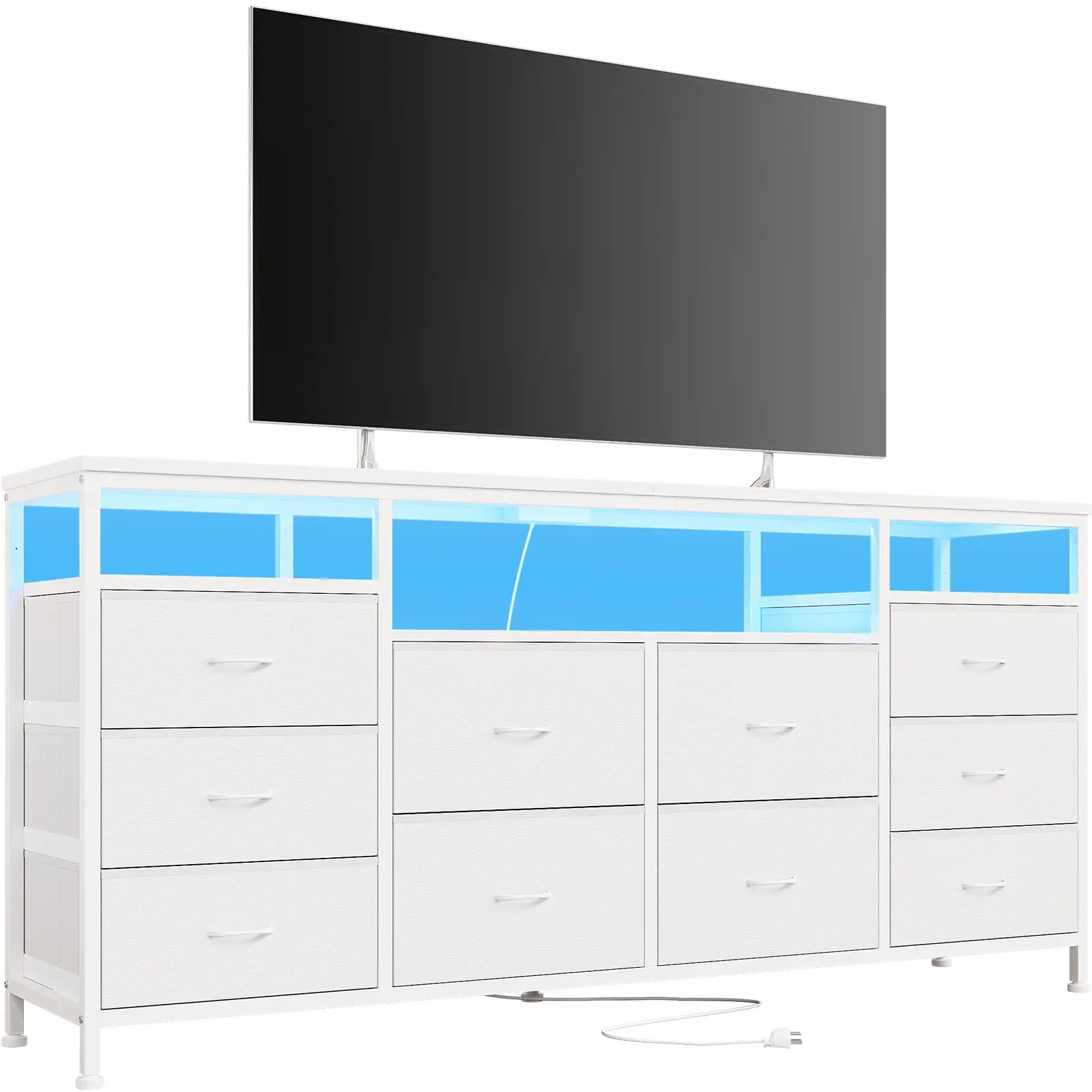 Garvee 10-Drawer Modern White Leather Dresser and Garvee 10-Drawer Black Storage Cabinet with LED Lights, Power Outlets, and Large Capacity, Suitable for Bedroom, Entryway, and Living Room
