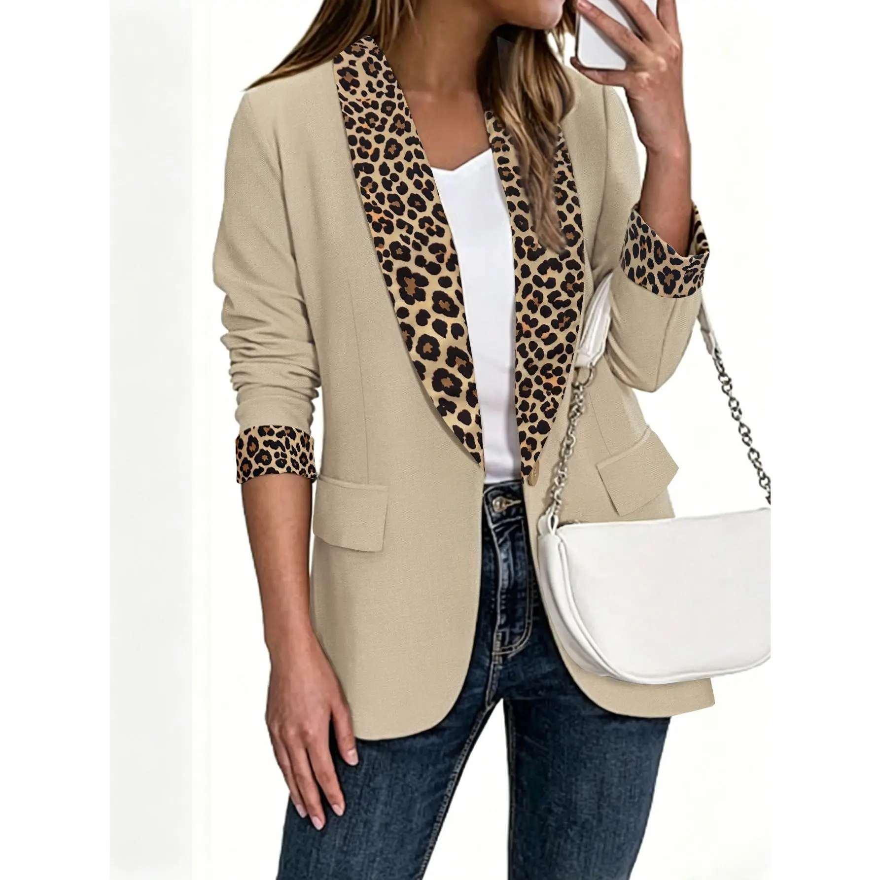 Women's Leopard Lapel Cuffed Long Sleeve Blazer, Color Block Open Front Casual Suit Jacket, Slim Fit Office Work Blazer With Leopard Cuffs
