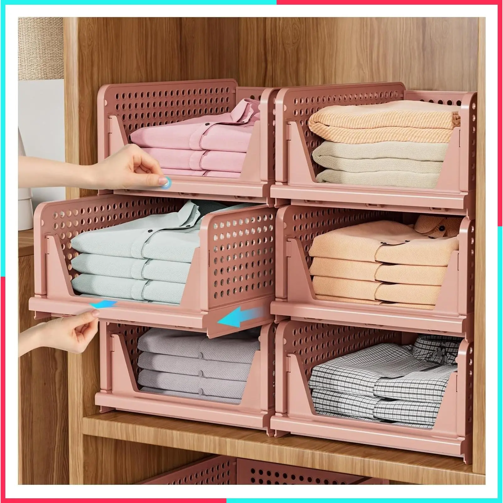 5 Pack Stackable Closet Organizer Box, Multifunctional & Foldable Storage Basket for Bathroom Kitchen Laundry Room Wardrobe, Space-Saving Clothes Storage Drawer Organizer, Pink