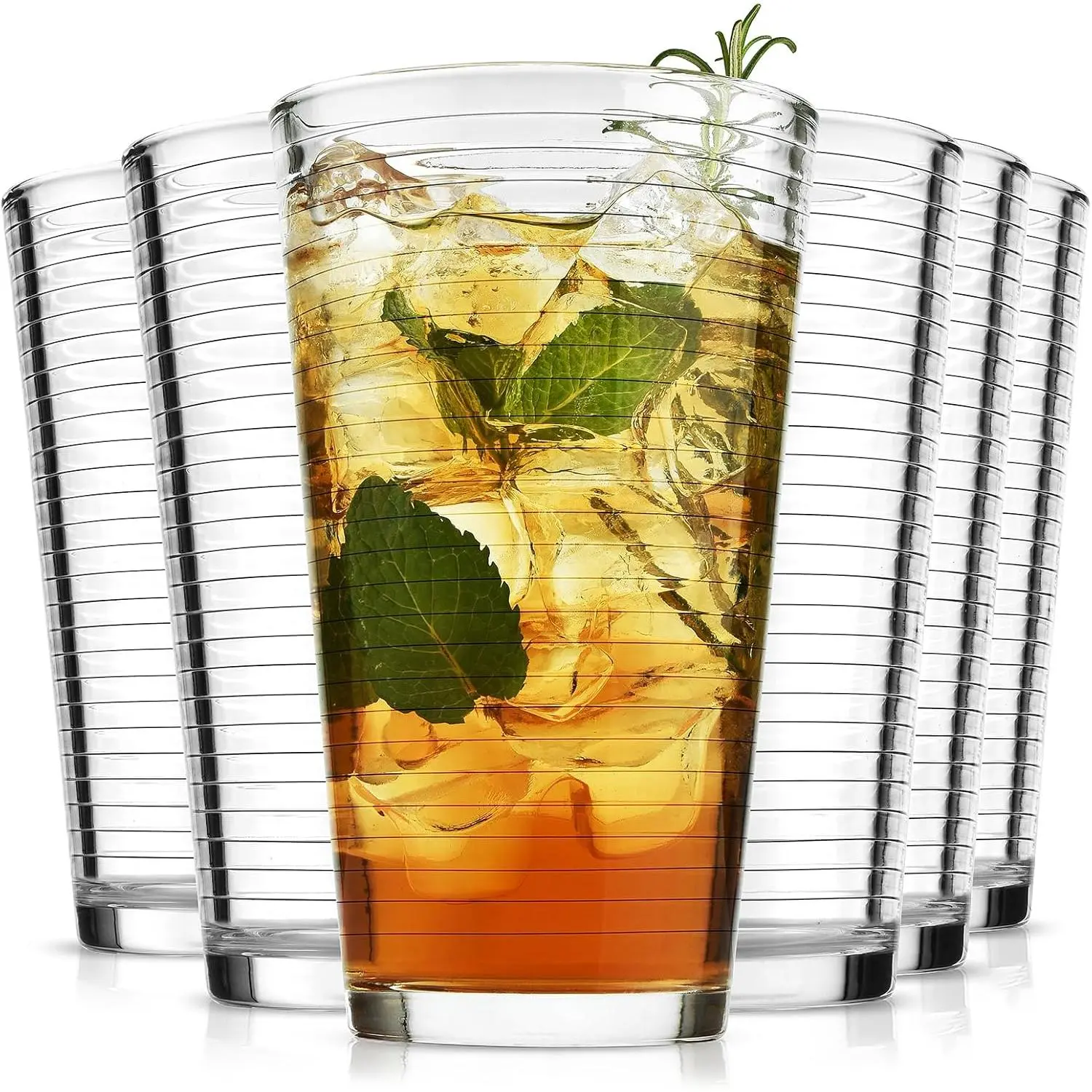 [Summer Wins]16 oz Drinking Glasses, Set of 6 Highball Glasses, Ribbed Glassware Glass Cups, Water Glasses for Beer, Iced Coffee Cups, Cocktail Glasses, Wine, Iced Tea, Dishwasher Safe