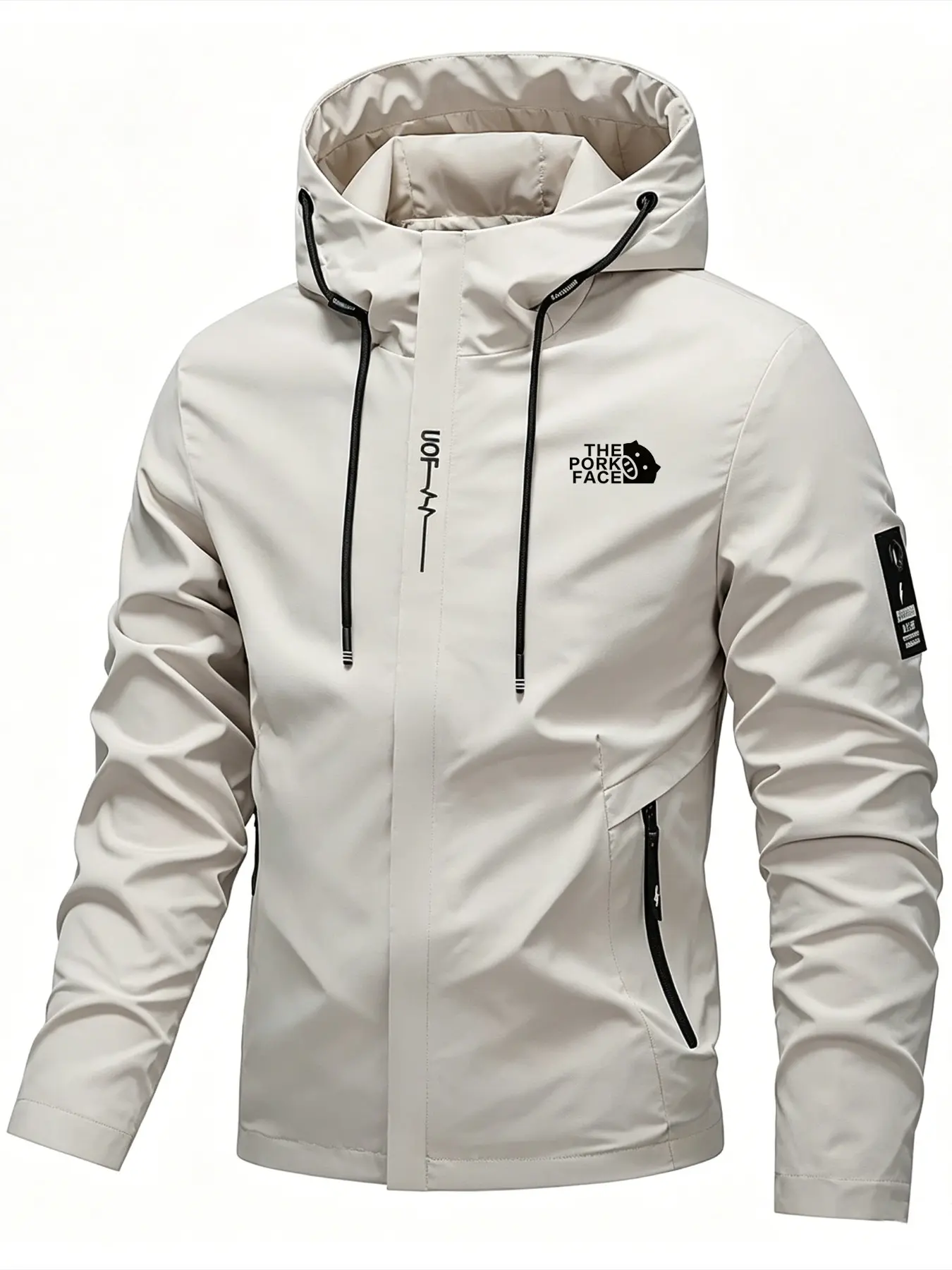 Logo Print the Pork Face Wind-Resistant Hardshell Jacket, Casual All-Season Loose-Fit, Breathable & Waterproof, Ideal for Hiking, School, Work