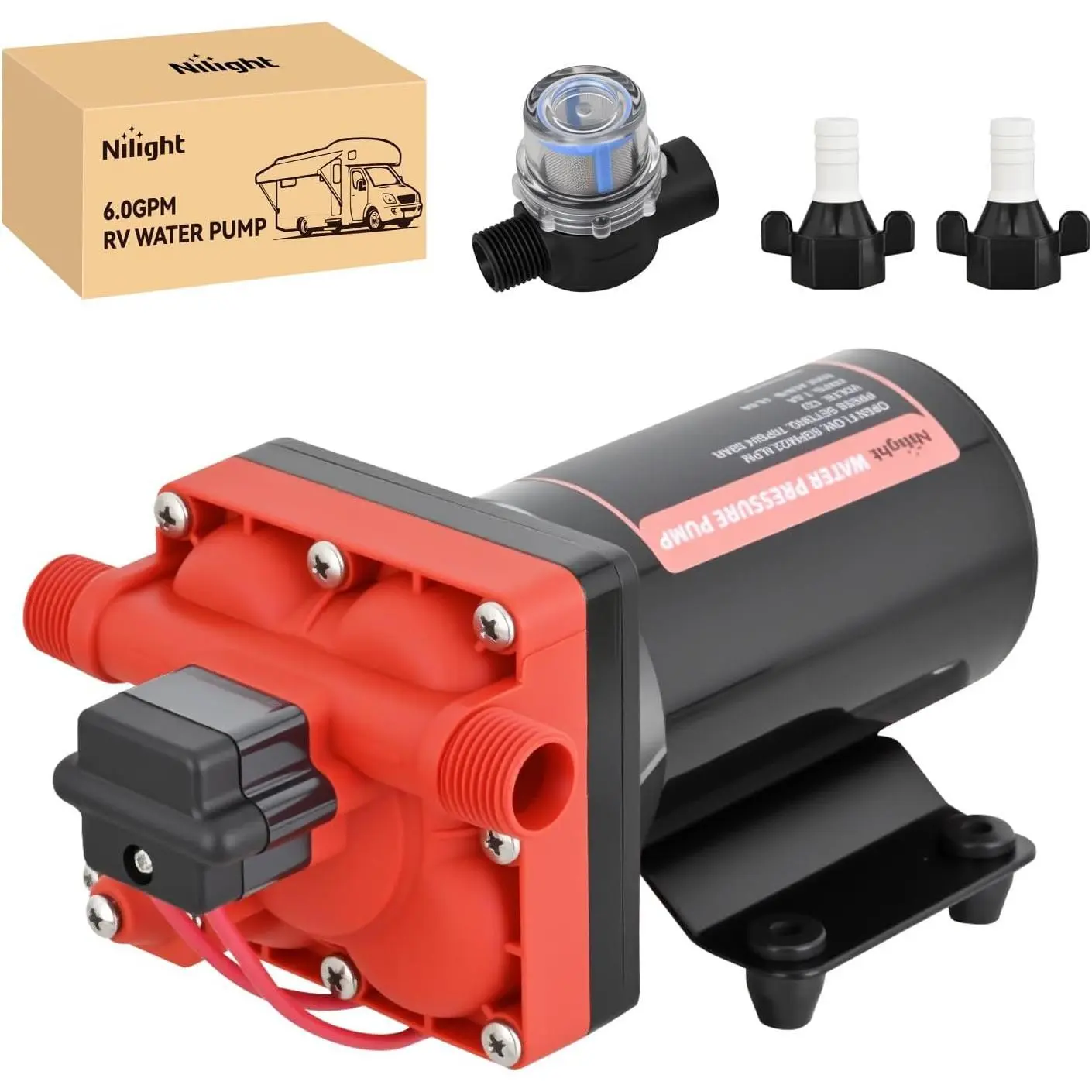 Nilight RV Water Pump 12v Diaphragm Pump 6.0 GPM 70 PSI with Pressure Switch & Strainer 12 Volt DC Heavy Duty Camper RV Pump Upgrade Self-Priming Low Noice for RV Marine Yacht Caravan Camper Trailer