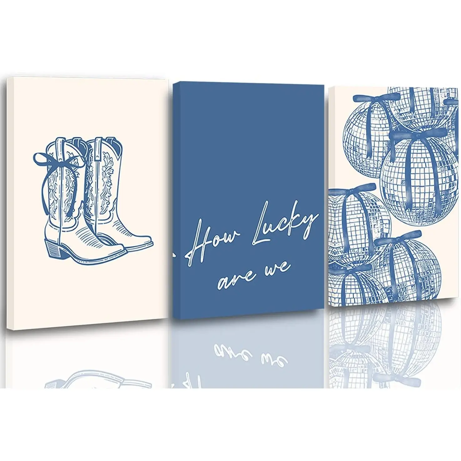 Set of 3 Blue Coastal Cowgirl Canvas Wall Art  Disco Bows Western Prints  Framed Cowgirl Decor for Girls Bedroom Living Room 12x16in Above Bed Wall Decor Denim
