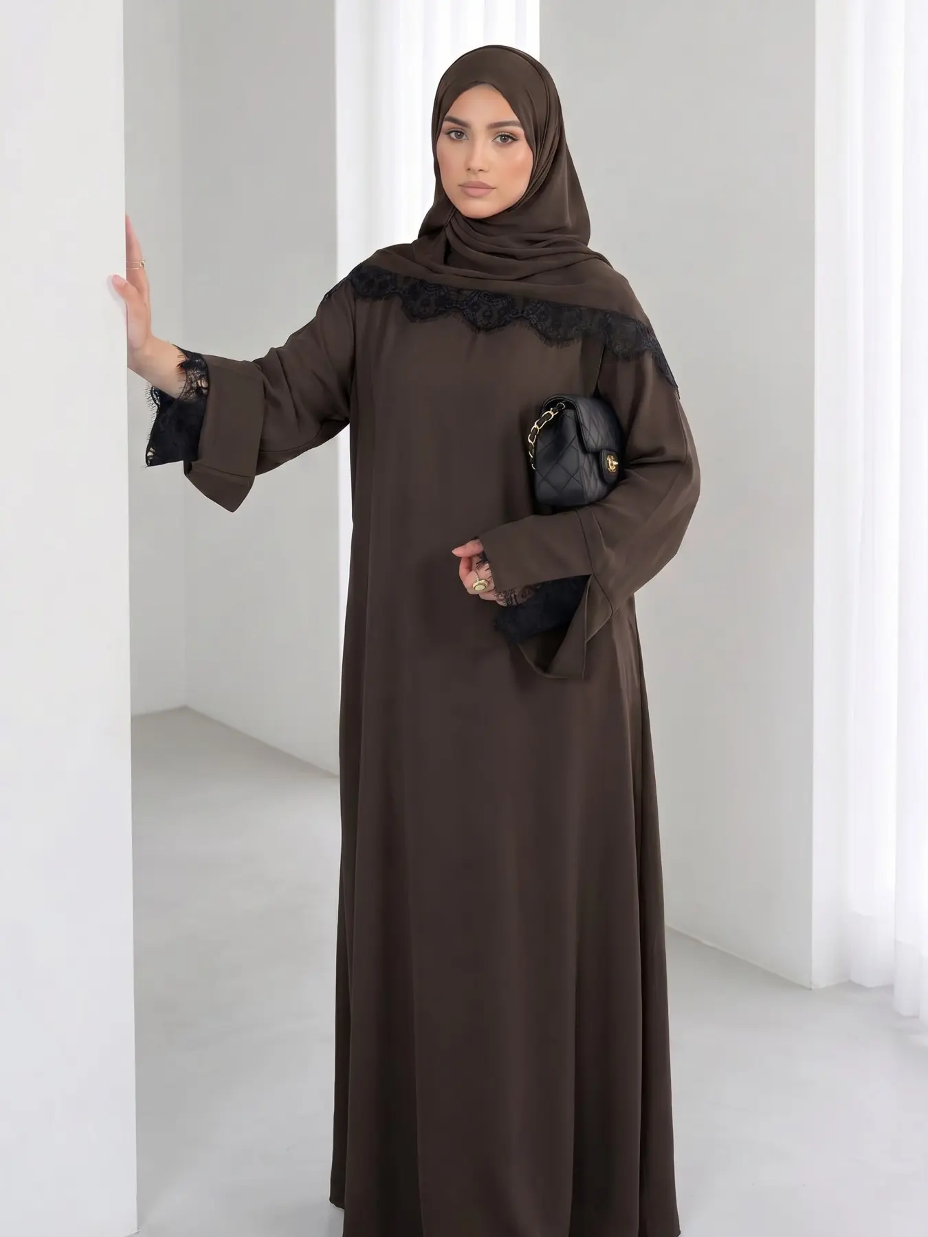 Elegant Arabic Style Women's Lace Dress Set, Split Sleeve Design, Includes Lace Headscarf, Nida Fabric, Fashionable and Comfortable