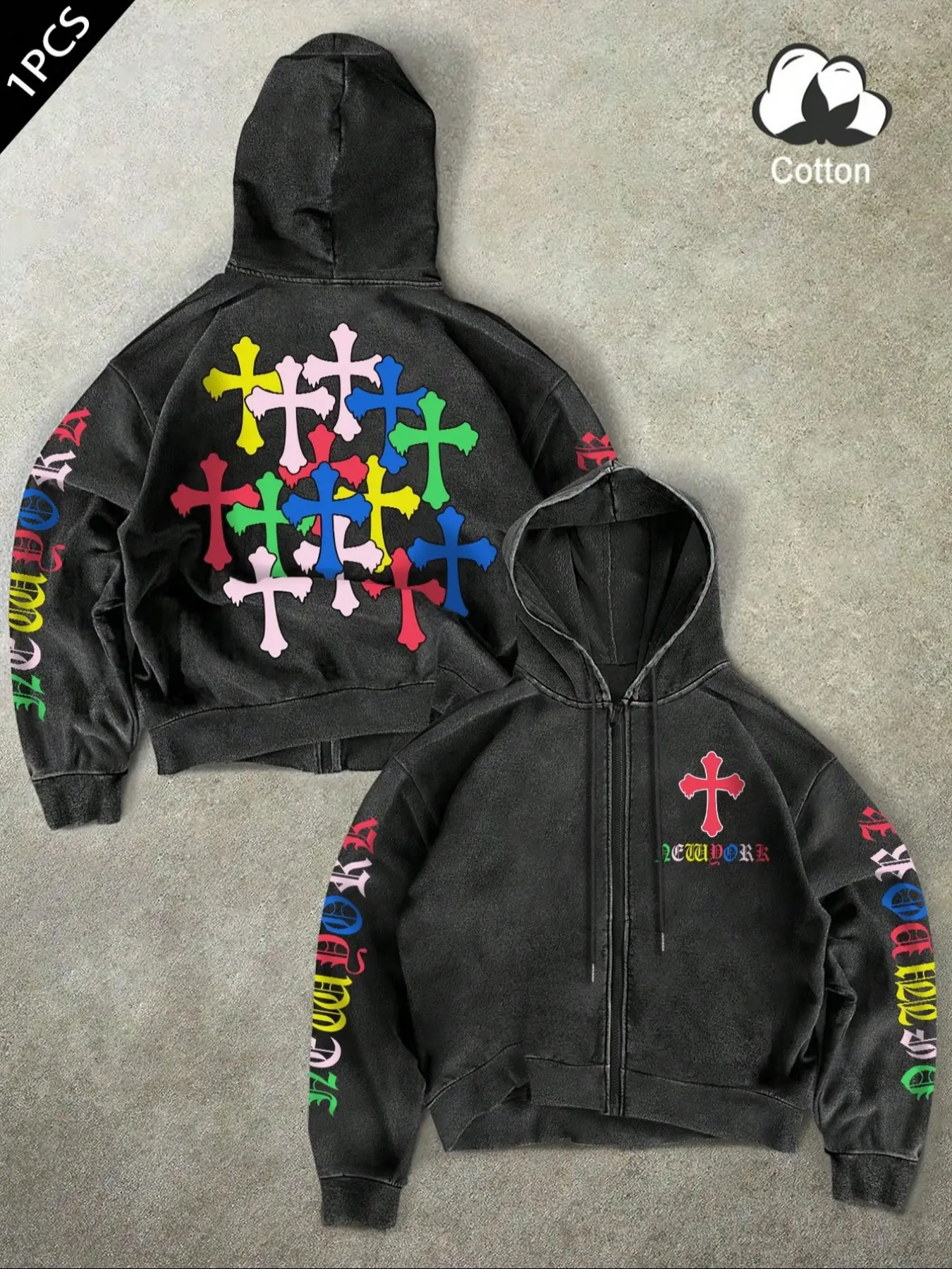 Men's Cotton Zipper Cardigan Sweatshirt, Dopamine Cross Pattern Print, Loose-Fitting Casual Long Sleeve Hoodie, Fashionable Daily Wear Top, Casual Streetwear Hoodies