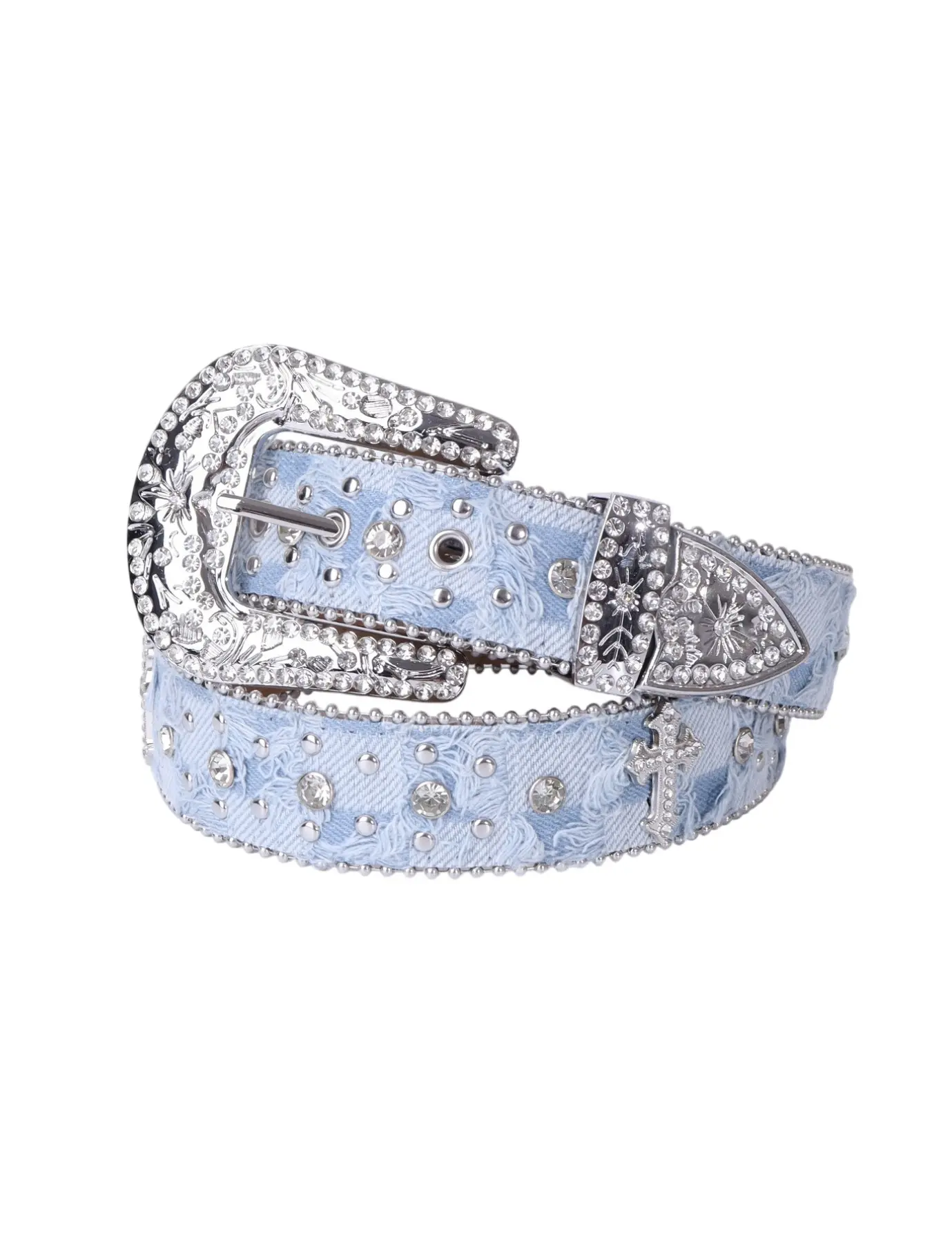 Unisex Distressed Fringe Denim Belt, Light Blue Plaid, Rhinestone Decor Belt, Rhinestones & Crystal Cross, Western Buckle, Y2K Punk Style, Streetwear, Raves, Concerts, Rhinestone Studded Belt