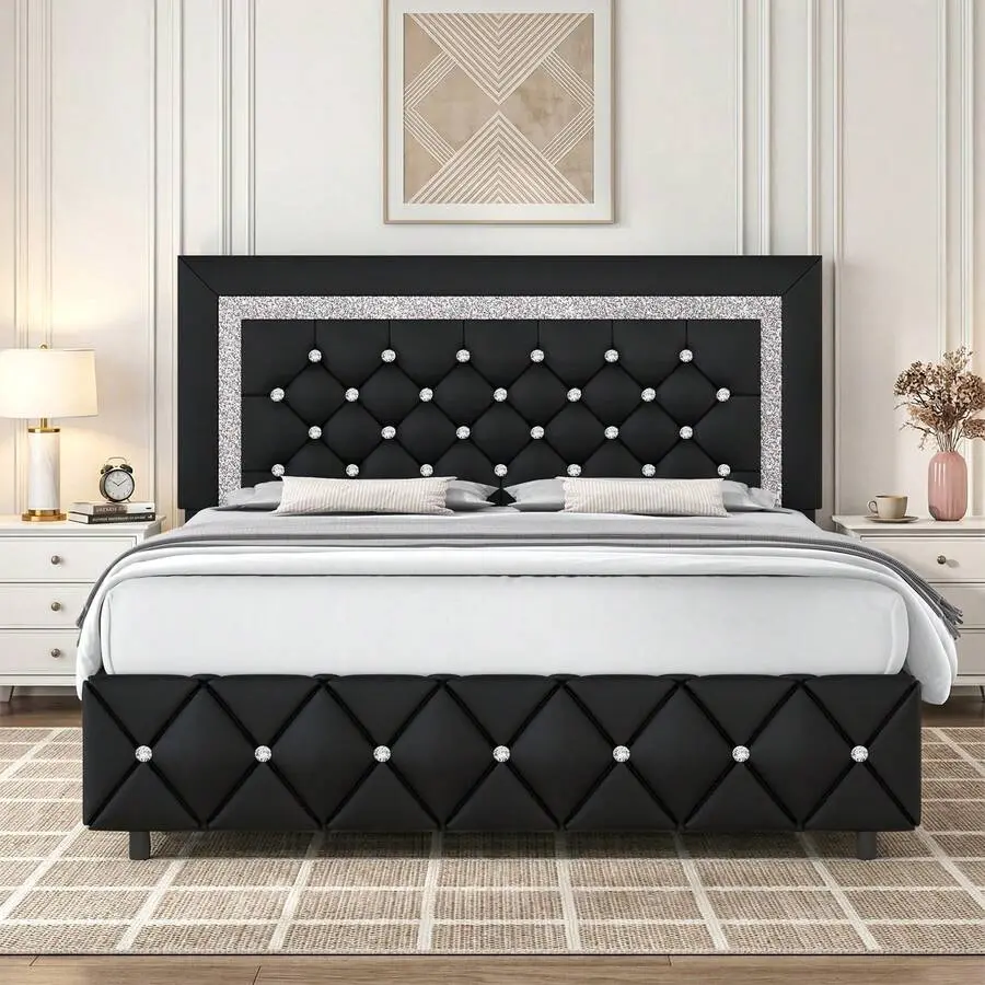 Leather Tufted Upholstered Bed Frame with Diamond Headboard & Footboard - Twin, Full, Queen, King Sizes - Pearl White, Beige, Black, Grey, Pink, Purple, Green - Colorful Modern, Luxury Interior Bed Frames, Queen Size Bed Frame