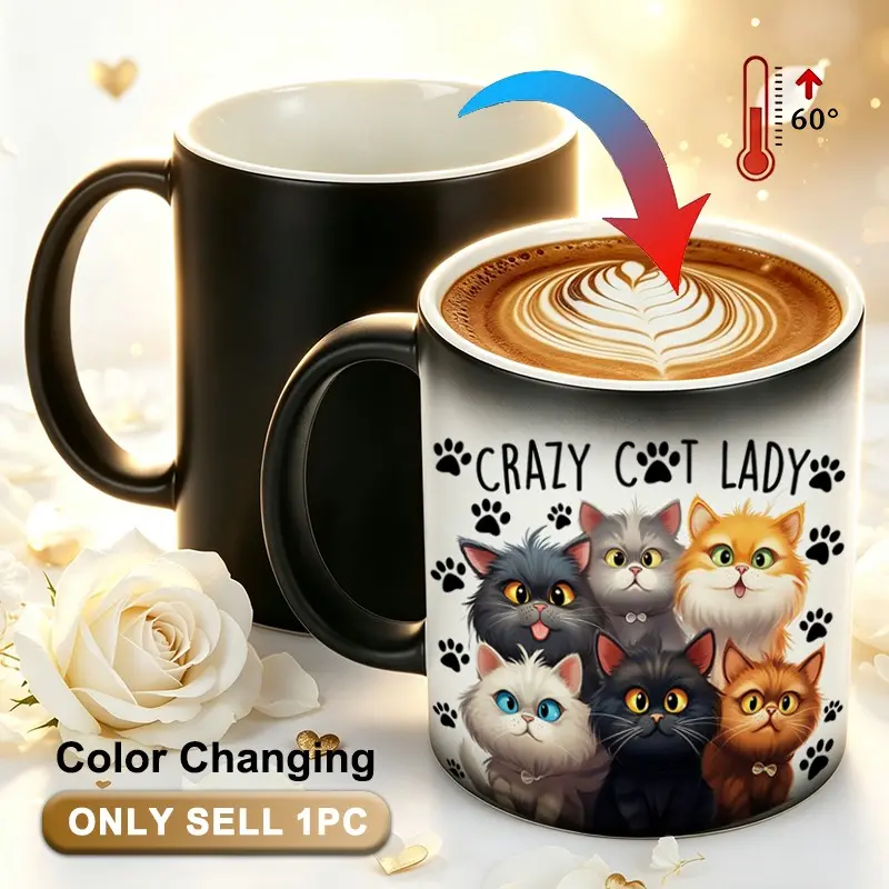 Funny Color Changing Coffee Mug Tea Mug Ceramic Cup, Crazy Cat Lady Heat Activated Magic Novelty Cup with Cute Cats & Paw Prints, Birthday Gifts Christmas Gift for Cat Lovers Women Mom Sister Friend, Ceramic Coffee Cups