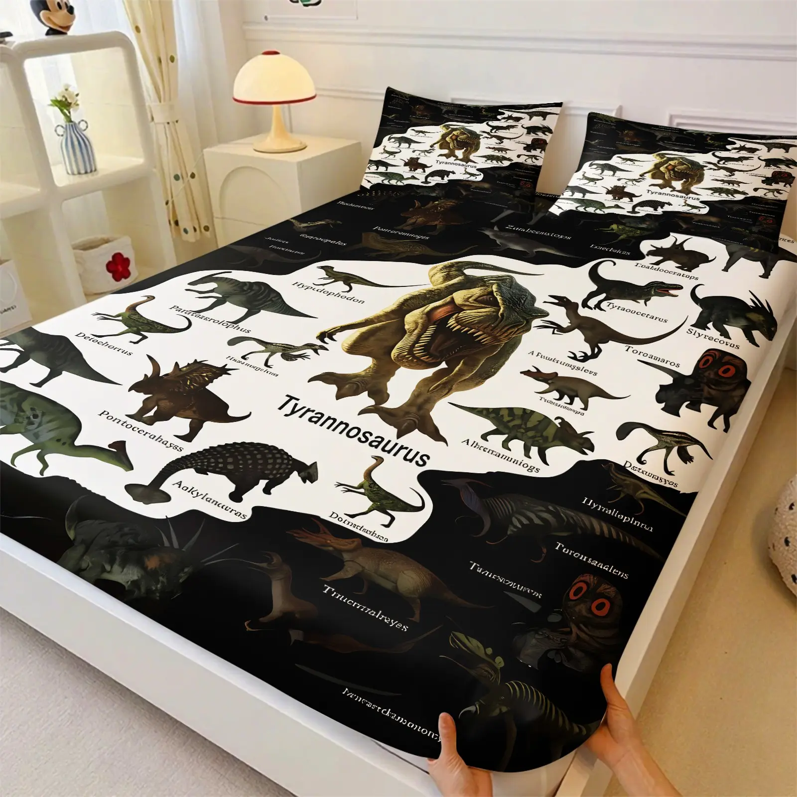 A Must-Have For Early Education, Tyrannosaurus Multi-Type Dinosaur Encyclopedia Fitted Sheet Set, 1 Fitted Sheet & 2 Coreless Pillowcases, Jurassic Prehistoric Dinosaur Species, Breathable Deep Pocket Anti-Slip Design, Kids Room And Boys Bedroom Decoratio