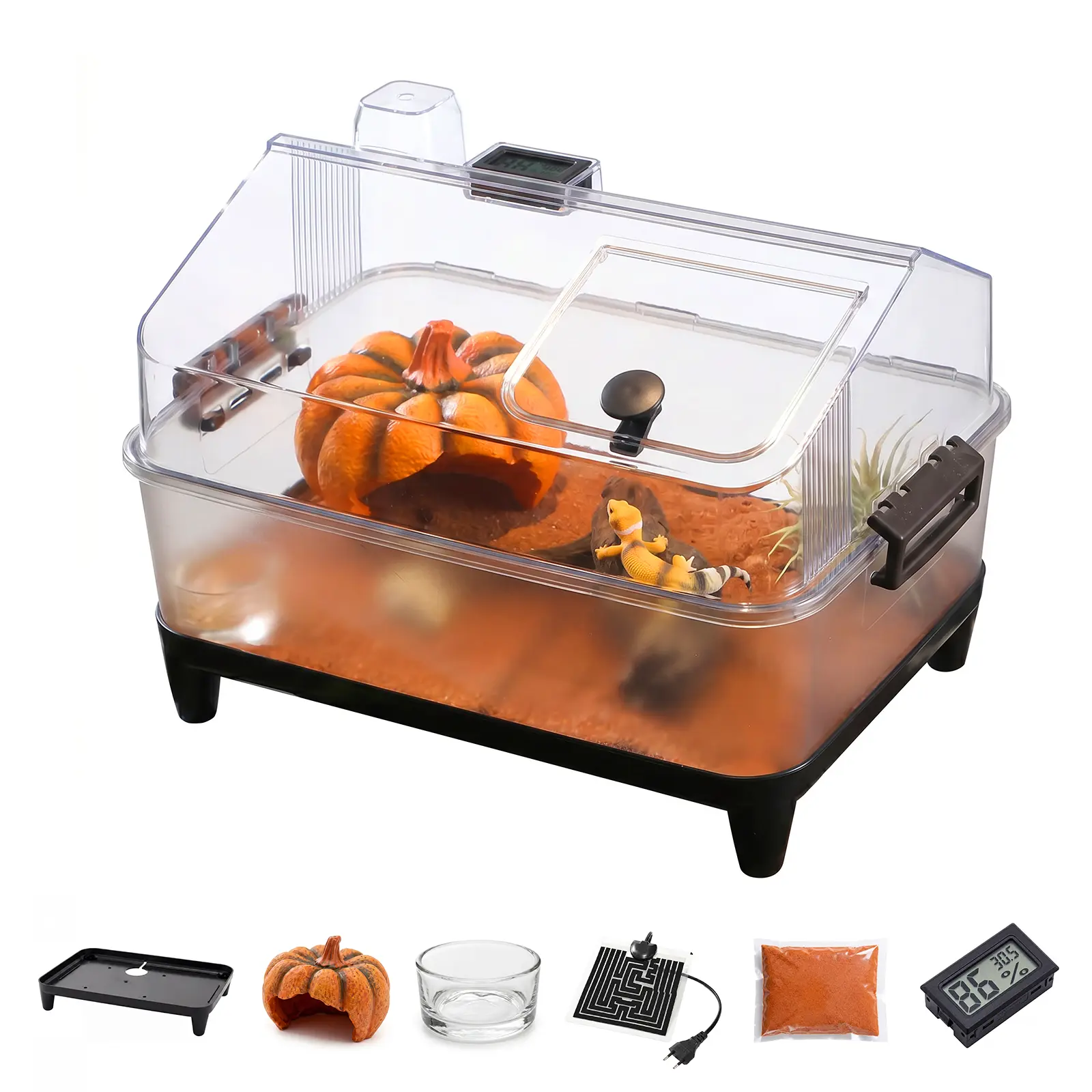 Small Reptile Enclosure Starter Kit - Acrylic Glass Terrarium with Crystal View, Hideout, Food Bowl, Heating Pad & Hygrometer for Lizards
