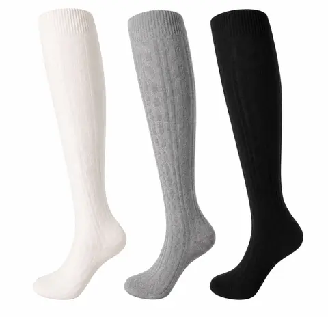3-Pair Women's Cable-Knit Knee-High Socks, Solid-Color Winter Boot Socks for Uniforms and Daily Wear