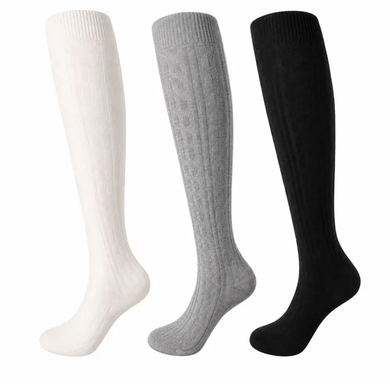 3-Pair Women's Cable-Knit Knee-High Socks, Solid-Color Winter Boot Socks for Uniforms and Daily Wear