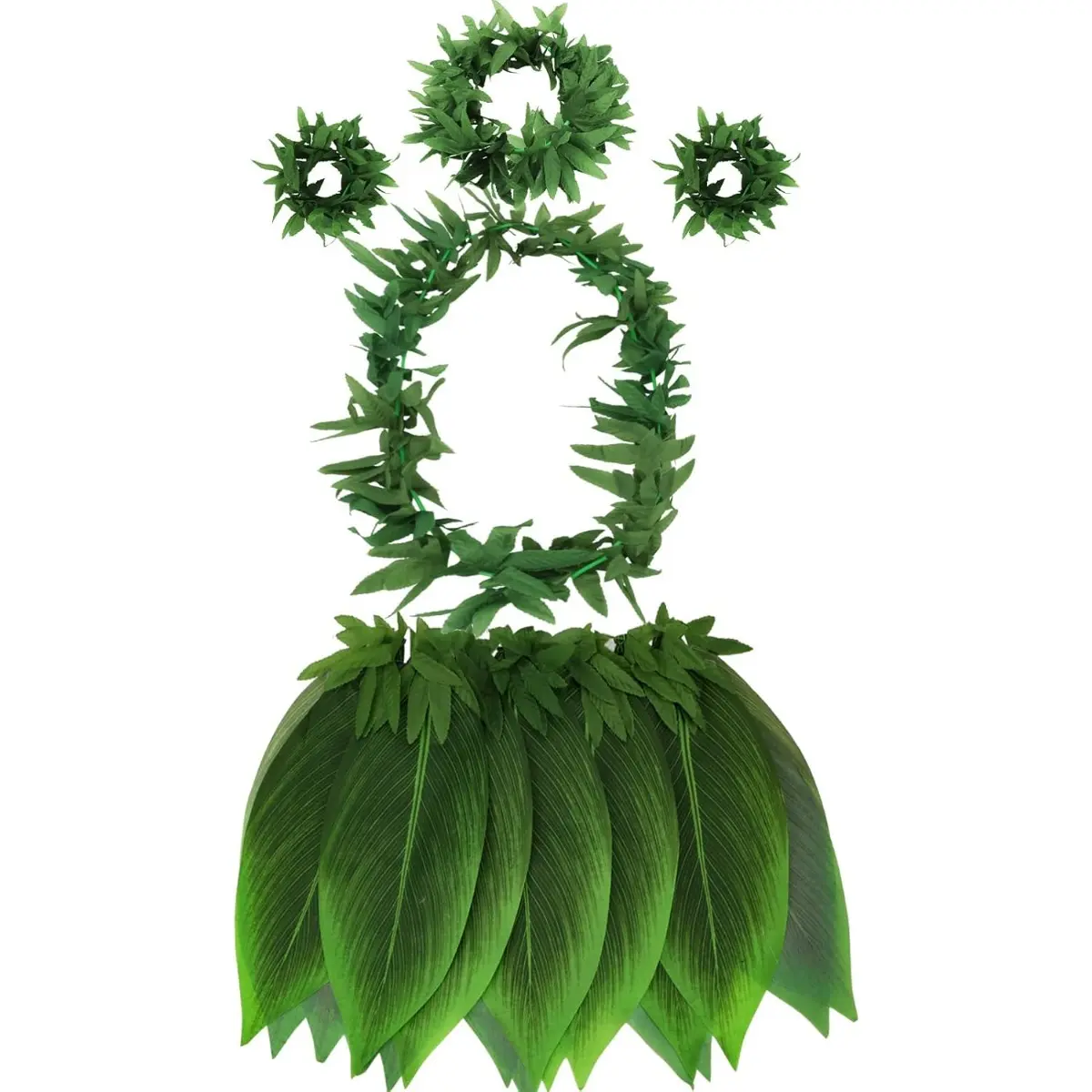 5pcs Hawaiian Leaf Skirt And Leis Set Includes Tropical Headband Fern Leaf Wristlet Green Grass Skirt for Hawaiian Costume Halloween Luau Party Supplies for Adult Women