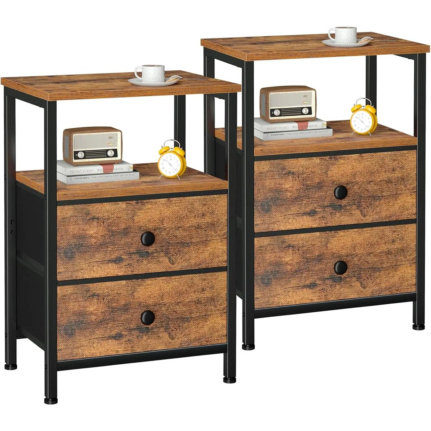 Rustic Brown Nightstands Set of 2 - 2 Fabric Drawers Nightstand with Open Storage Shelf, Bedroom Bed Side Table, Living Room Small End Table, HETS002BR