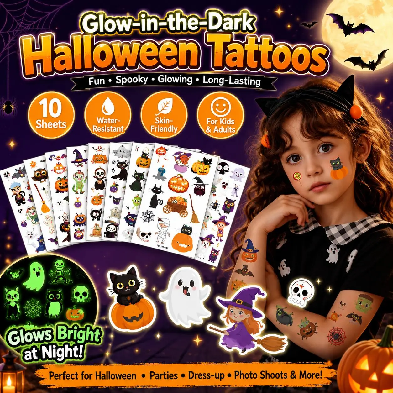 Luminous Halloween Cartoon Body Tattoo Decal Set, Long-lasting Water-resistant Holiday Stickers, Skin-friendly Temporary Decorations for Children Adults Halloween Dress-up, Birthday Party and Photo Shooting